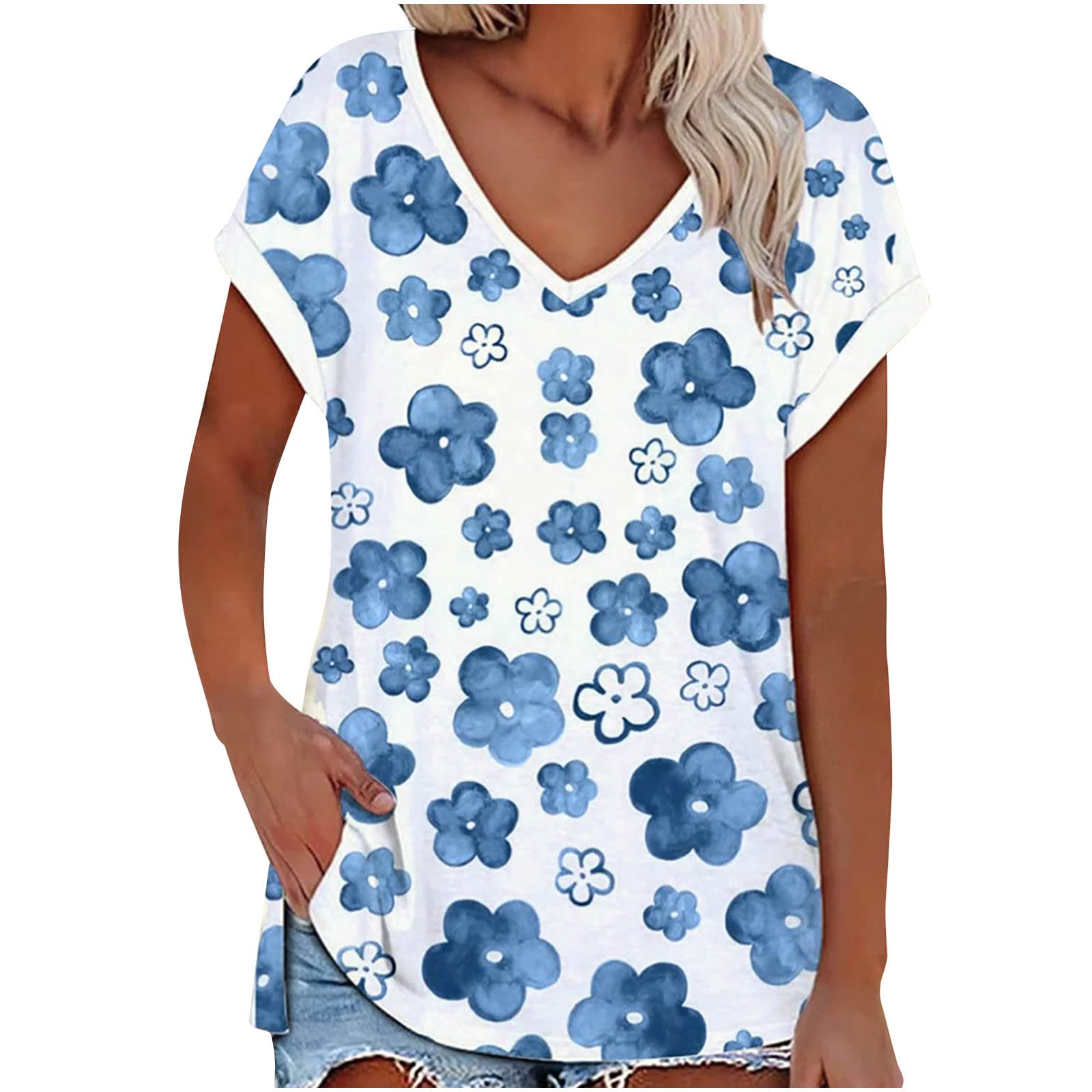 Women's Floral Print V-Neck Loose Fit Short Sleeve Casual T-Shirt - Summer Fashion Graphic Tee for Going Out, Beach, and Everyday Wear