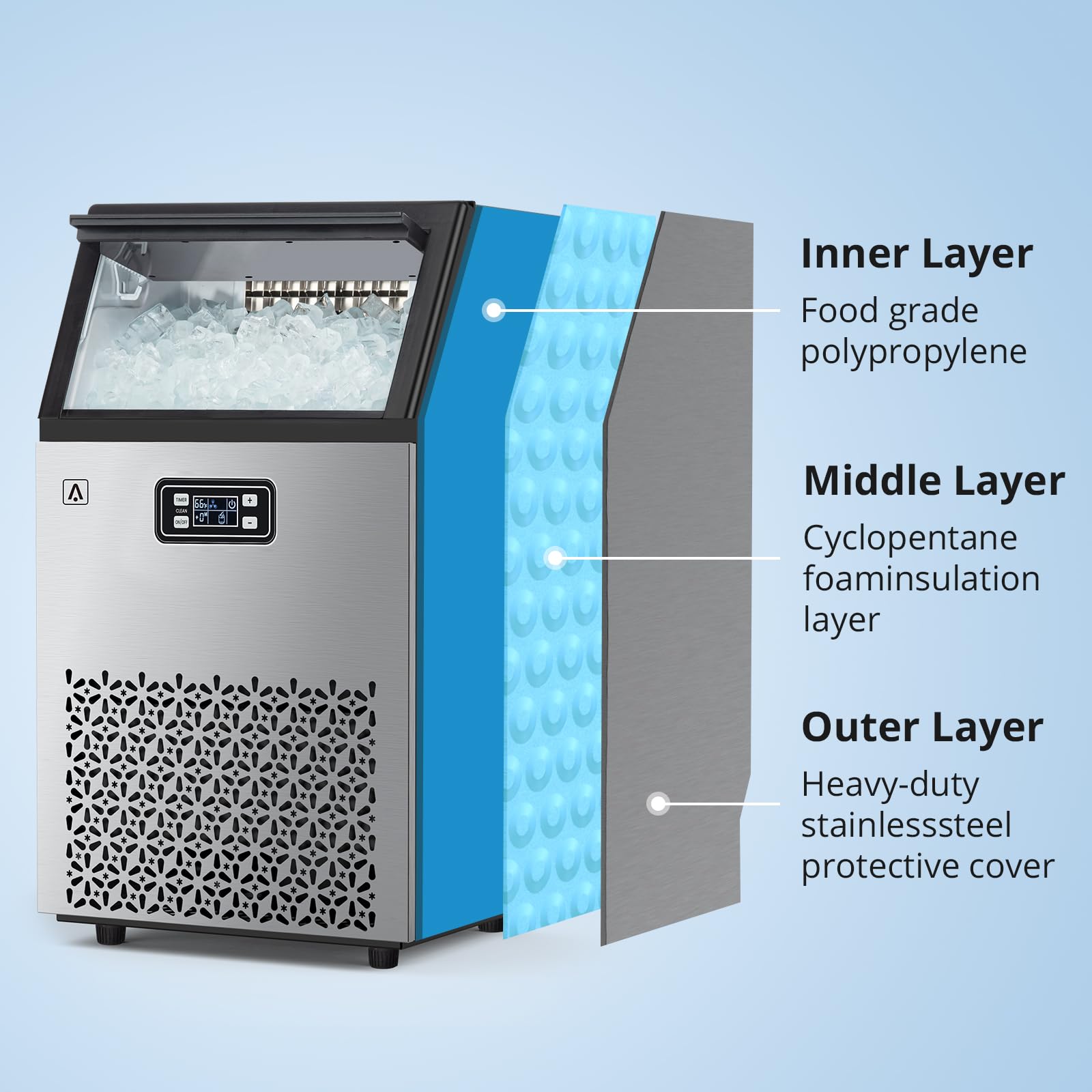 Commercial Ice Maker Machine 150lbs/24H, Stainless Steel Undercounter Ice Machine with 33lbs Storage - Self-Cleaning Freestanding Ice Maker for Bars, Restaurants, Home & Office Use - Perfect for Cocktails, Beverages & Food Service