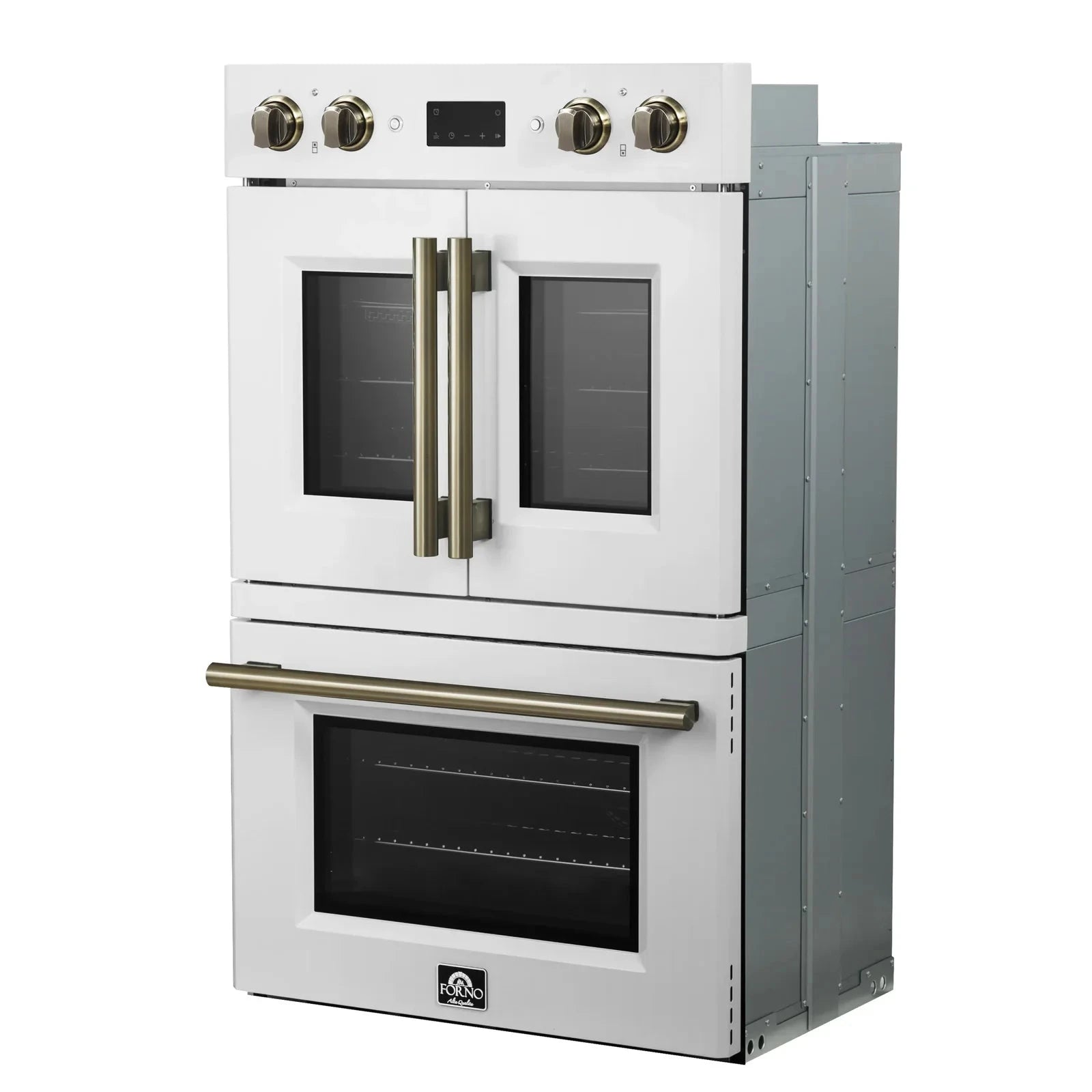 Forno Asti 30 Inch Double Electric Wall Oven with French Doors - White Finish & Antique Brass Trim (Model FBOEL1340 30WHT) | Perfect for Modern Kitchens, Baking, and Entertaining