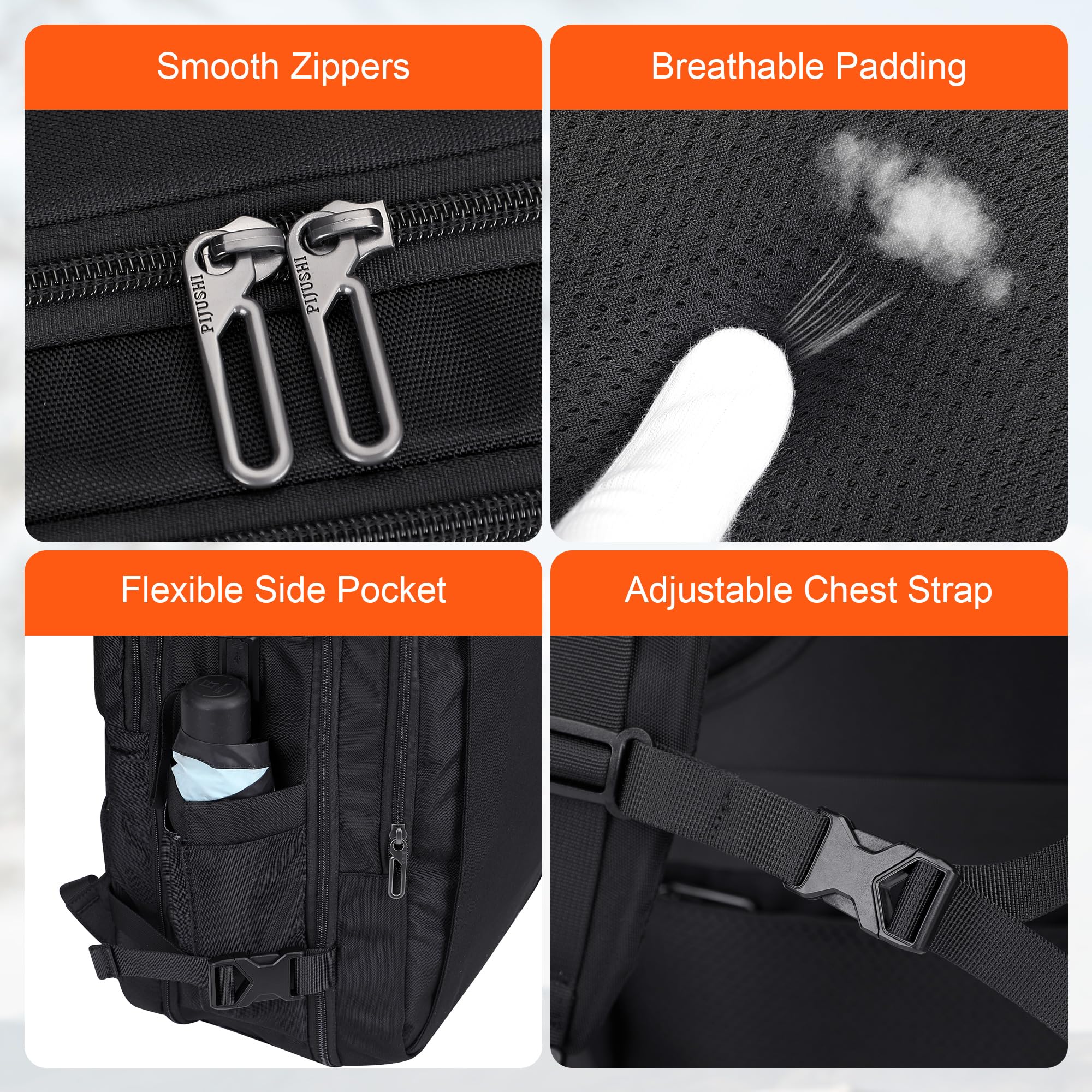 PIJUSHI Expandable 40L Travel Backpack for Women & Men - Flight Approved Carry On Backpack with USB Charging Port & 16 Inch Laptop Compartment (Black) - Perfect for Business Trips, Weekend Getaways & Airplane Travel