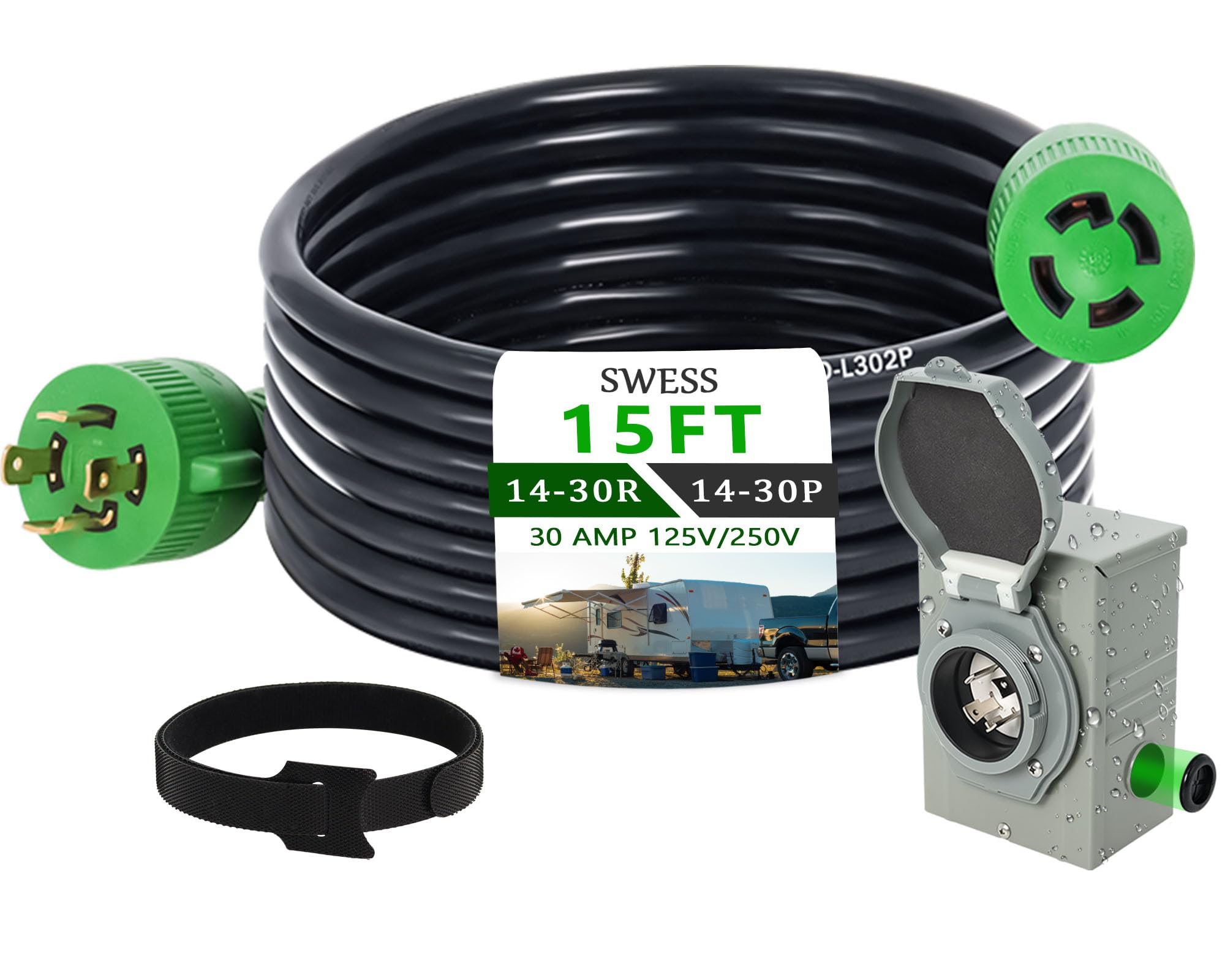 30 Amp Generator Cord and Power Inlet Box Kit - 15 Feet Heavy Duty L14-30P Extension Cord with Weatherproof Inlet Box for Portable Generators - Perfect for RV, Camping, Emergency Backup Power and Outdoor Use