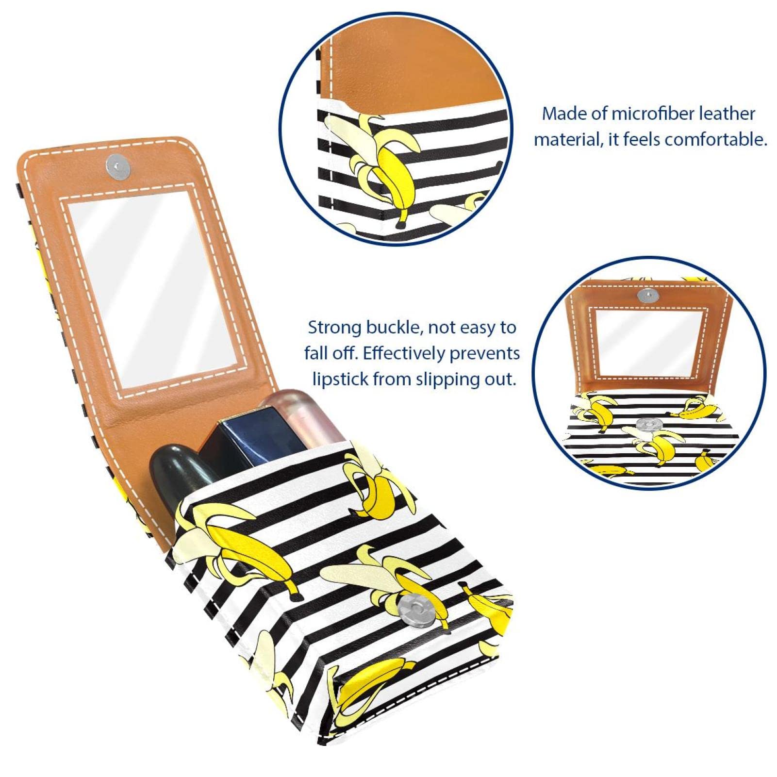 Personalized Lipstick Case - Portable Makeup Bag & Cosmetic Pouch Organizer with Banana Print on Black & White Stripes - Perfect for Travel, Home Storage & Gift Giving