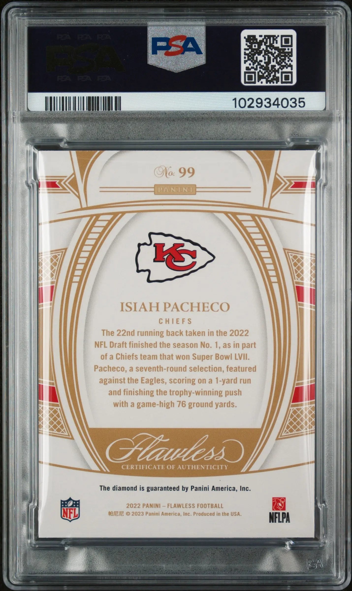 2022 Panini Flawless Isiah Pacheco Diamond Relic PSA 10/10 - Rare Football Trading Card for Collectors & Investors - Perfect for Sports Memorabilia Displays & Auctions
