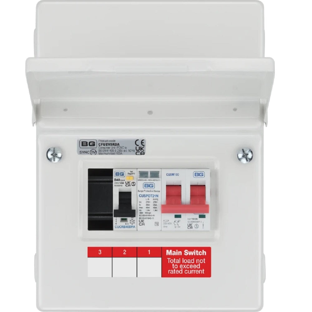 BG Fortress 5 Module Enclosure 100A Main Switch 40A 30mA Double Pole RCBO Type 2 SPD + 1 Spare Way CFUEV5RDA - Electrical Panel Protection for Home & Commercial Use