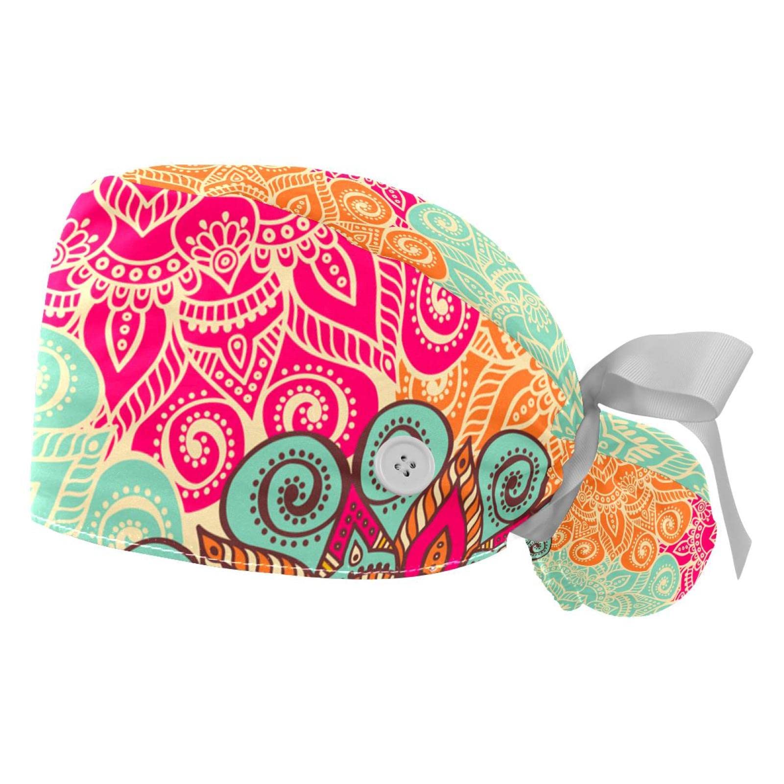 Bohemian Floral Geometric Print Scrub Hats for Women & Men - 2 Pack Long Hair Surgical Caps with Button Closure & Sweatband - Unisex Tie Back Nurse Doctor Chef Work Hat for Hospital, Kitchen & Salon