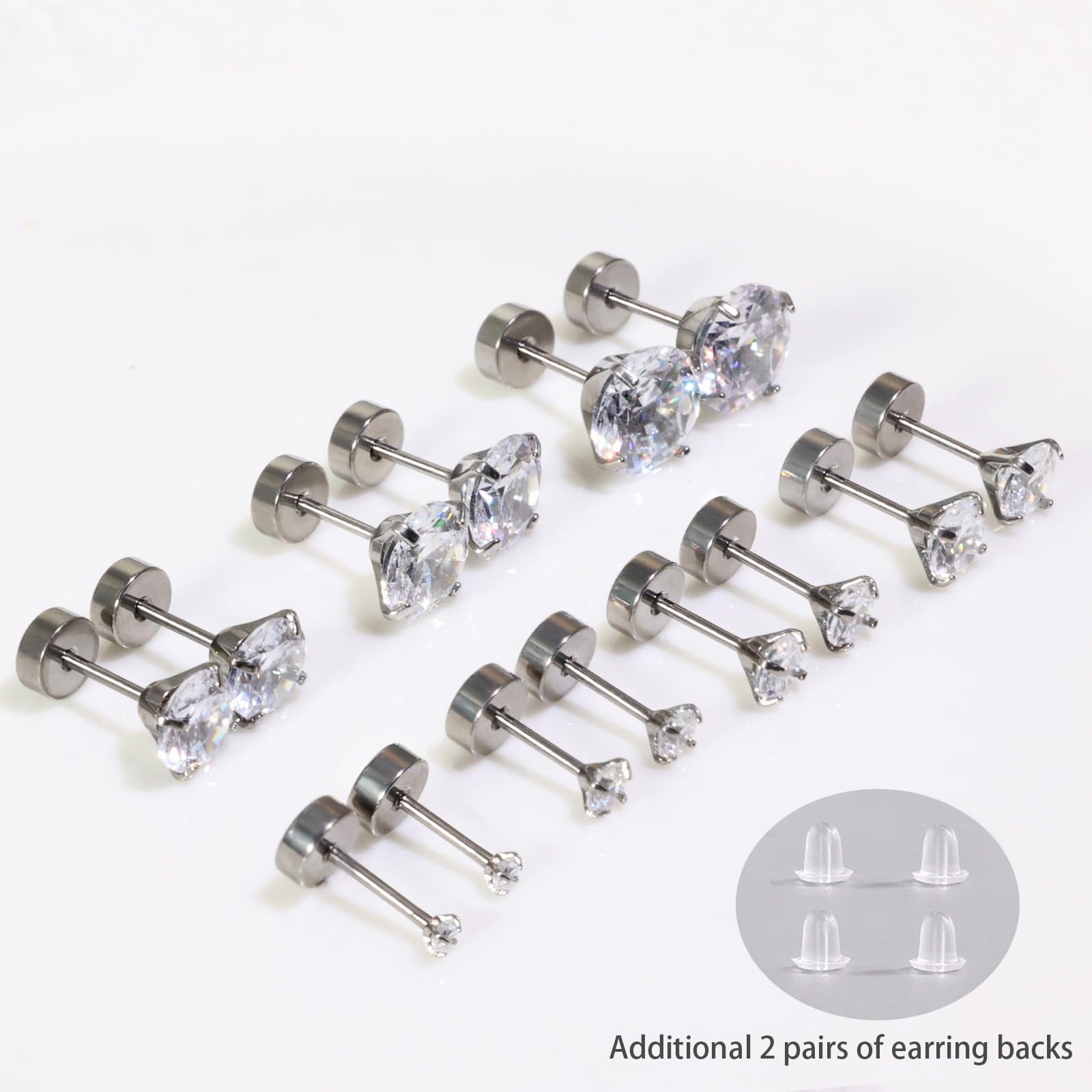 Hypoallergenic Titanium Screw Back Earrings for Women & Toddlers - 5mm Cubic Zirconia Flat Back Studs for Cartilage, Helix & Tragus Piercing (Silver) | Perfect for Daily Wear, Sensitive Ears & Gift Giving