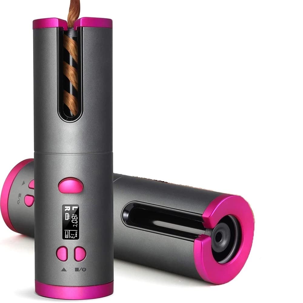 EMEBAY Wireless Automatic Curling Iron - USB Rechargeable Hair Curler with Timer & 6 Temperature Settings, Anti-Burn Rotating Curling Wand for Long & Short Hair - Perfect for Travel, Home Use & Salon Styling