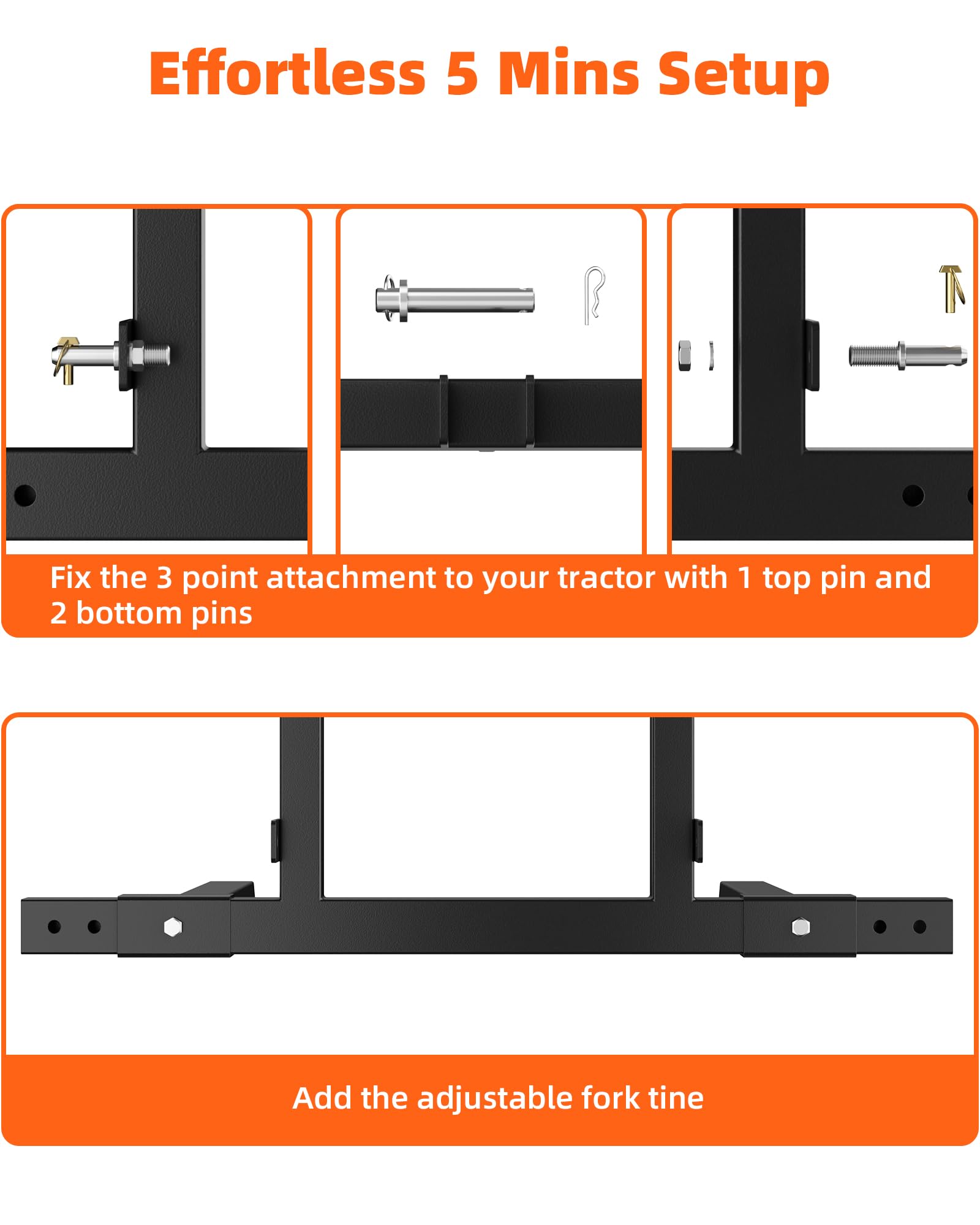 Heavy Duty 3 Point Hitch Pallet Forks for Tractor - 1500LBS Capacity Adjustable Pallet Fork Attachment with High Strength Steel - Perfect for Farming, Landscaping & Material Handling