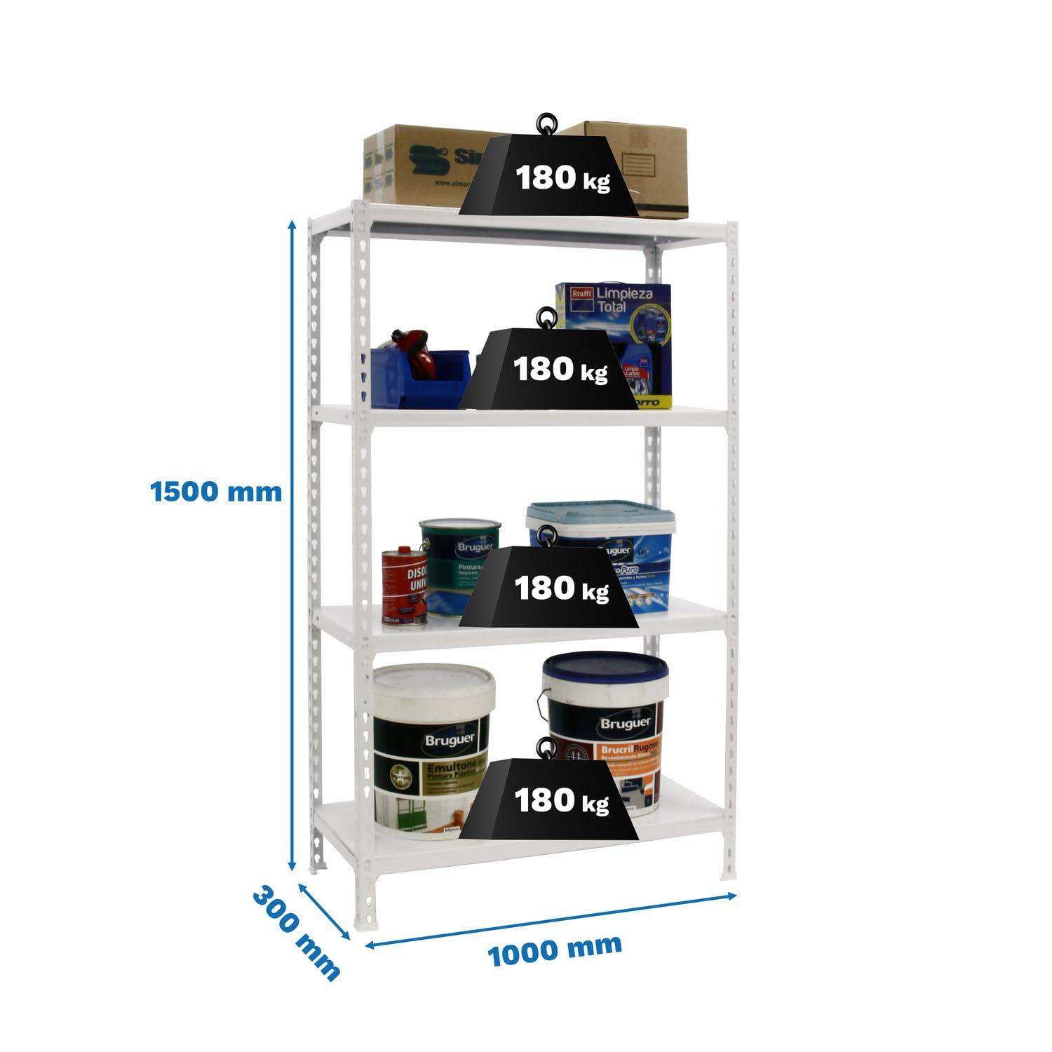Simon Rack Metal Shelves 1500x1000x300mm - Heavy Duty 4-Tier Storage Shelving Unit with 180kg Capacity - White Industrial Shelves for Garage, Warehouse & Home Organization
