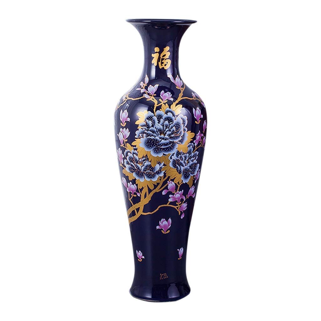 Large Ceramic Floor Vase for Home Decor - 40x120cm Blue Classical Peony Design for Dry Flowers, Living Room, Bedroom & Office Decoration | Elegant Standing Vase for Wedding, Dining Table & Entryway Centerpiece