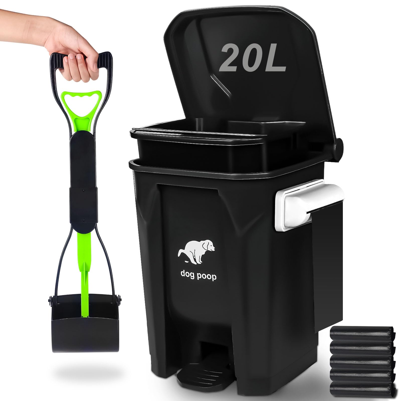 Foldable Dog Poop Trash Can with Scooper - 20L/5Gallon Outdoor Pet Waste Station with Lid, 100 Bags, Foot Pedal & Removable Inner Bin - Perfect for Backyards, Parks & Dog Walking Areas (Black)