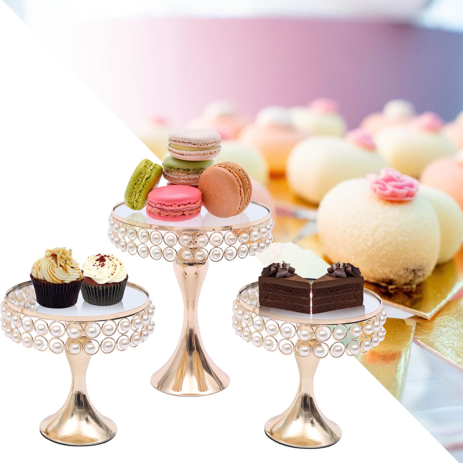 8Pcs Gold Pearl Cake Stand with Luxury Crystal - Elegant Cupcake Holder for Wedding, Birthday, Party Display - Perfect for Dessert Towers, Plating Mirrors & Event Decorations