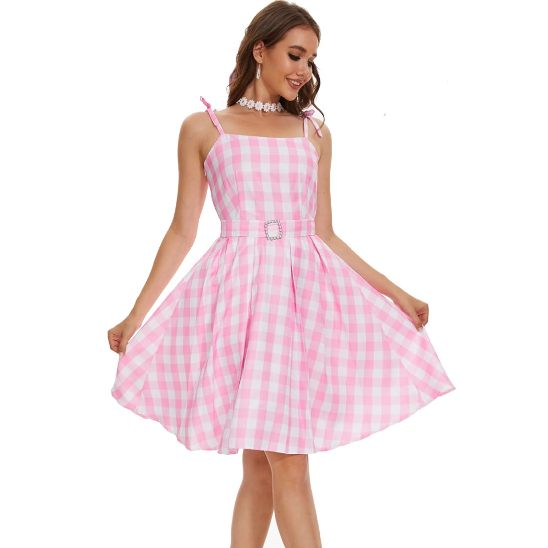 AYYOHON Women's Pink Plaid Dress with Skirt, Hair Bow, Daisy Necklace & Earrings Set - Halloween 2023 Cosplay Costume for Parties, Anime Conventions & Themed Events