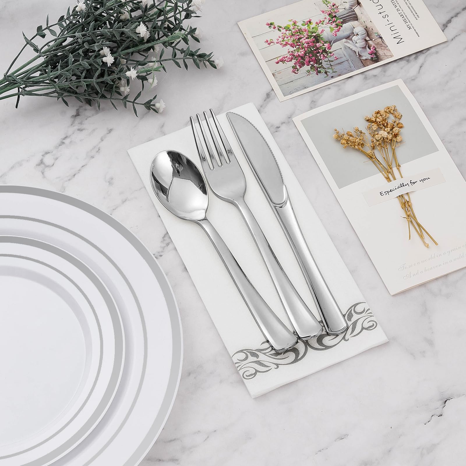 700-Piece Silver Plastic Dinnerware Set for 100 Guests - Includes 100 Dinner Plates, Dessert Plates, Silverware Sets, Cups & Napkins - Elegant Disposable Tableware for Weddings, Parties & Events