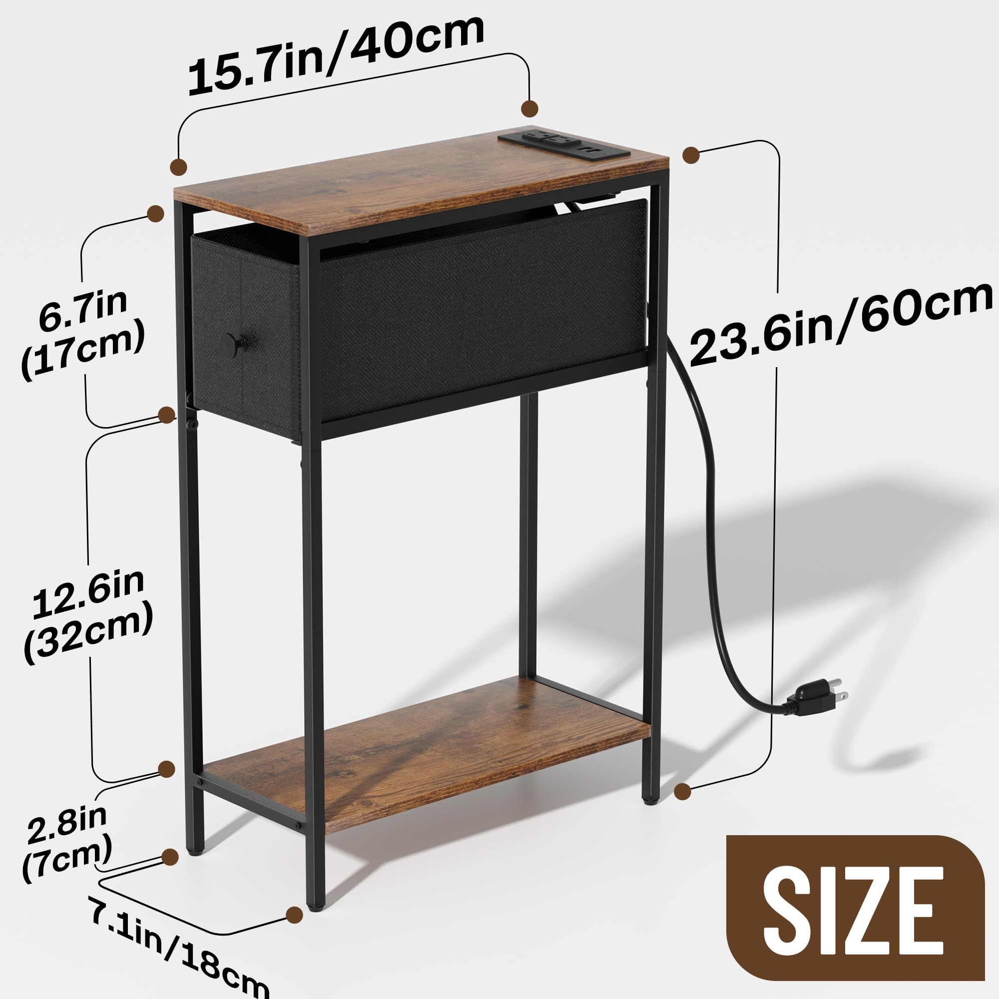 Allinside Narrow Side Table - Slim End Table with Charging Station & Fabric Drawer for Small Spaces, Rustic Brown Nightstand with Storage | Perfect Bedside Table for Living Room, Bedroom, Dorm & Apartment | Space-Saving Furniture for Compact Areas