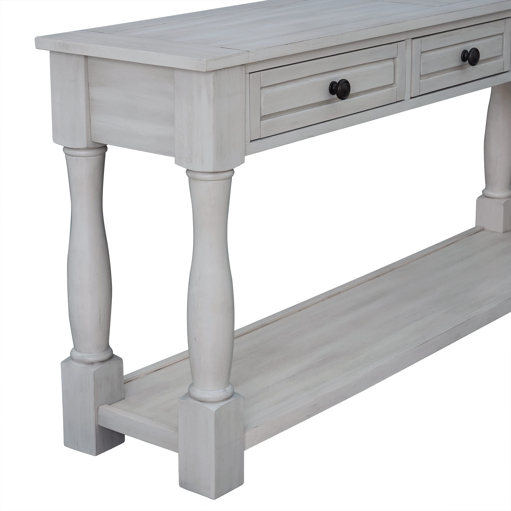 Solid Wood Console Table with 3 Drawers & Bottom Shelf - Extra Long Sofa Table, French Country Style Entryway Furniture - Gray Wash Finish for Living Room, Hallway & Home Decor