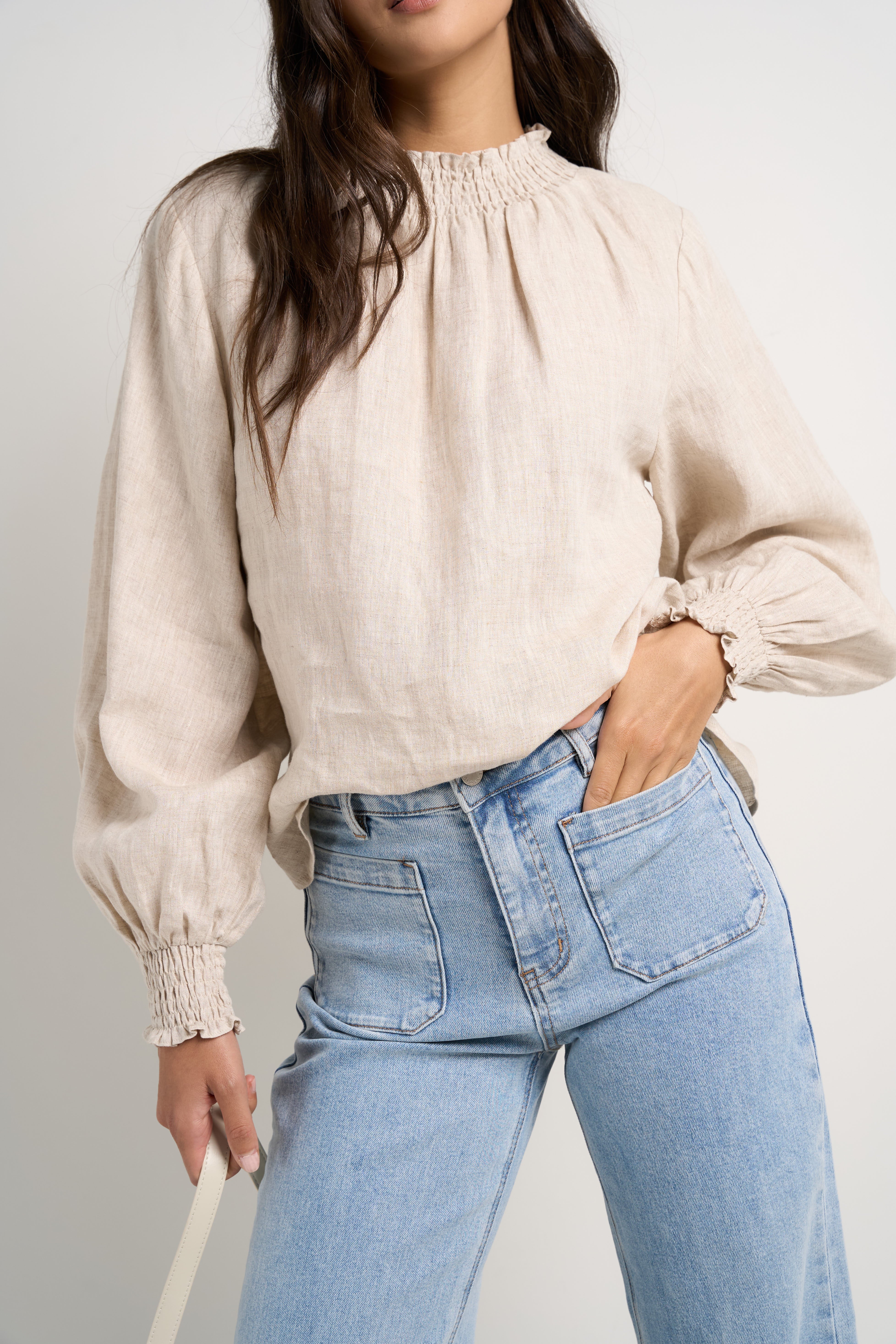 Natural Linen Shirred Neck Long Sleeve Top for Women - Boho Chic Blouse for Casual Wear, Office & Date Nights