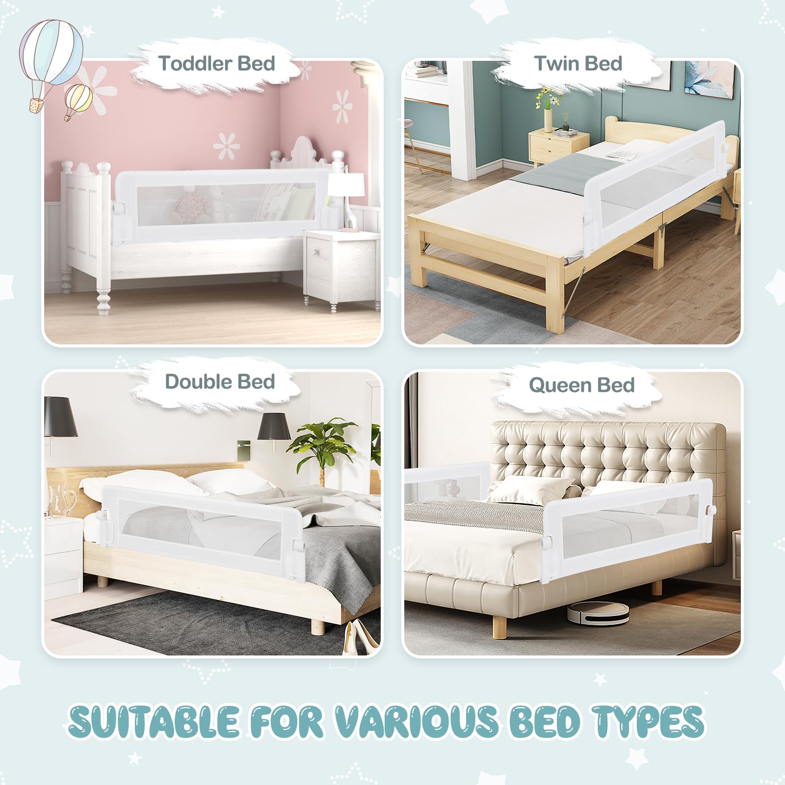 BABY JOY Double Sided Bed Rail Guard - 2 Pack Extra Long Swing Down Convertible Crib Safety Rail for Toddlers | Folding Bed Rail for Twin Full Queen King Mattress (White 60