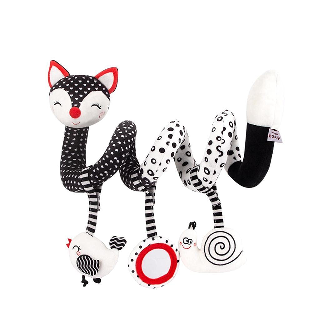 Vanoo Spiral Stroller Car Seat Toy - Black & White Fox Plush Wind Chime for Newborns & Infants | Soft Baby Crib Toy for Sensory Development & Visual Stimulation | Perfect for Strollers, Car Seats & Nursery Decor