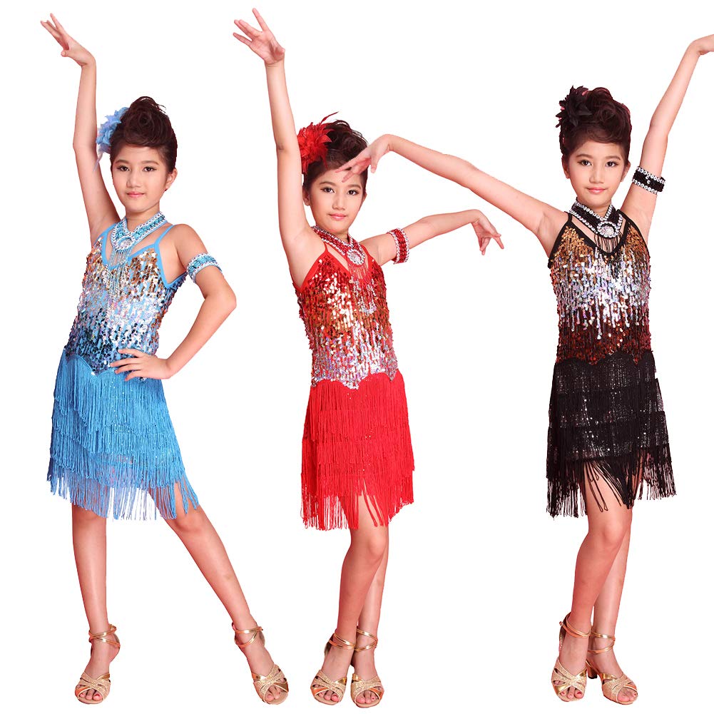 Latin Dance Dress for Girls - Kids Ballroom Dancing Flapper Dress Skirt Costume for Salsa, Tango & Performance