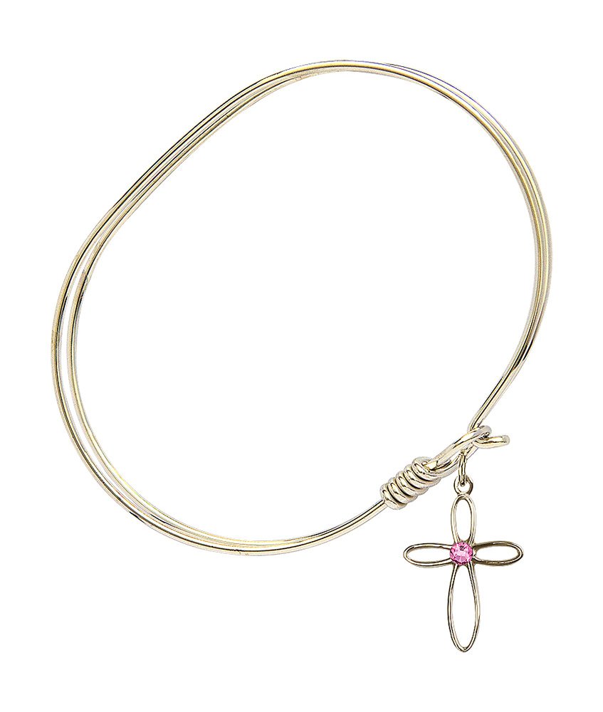 7 Inch Oval Eye Hook Bangle Bracelet with Loop Cross Medal Charm & Rose Crystal - Elegant Jewelry for Women, Perfect for Daily Wear, Parties, and Gifts