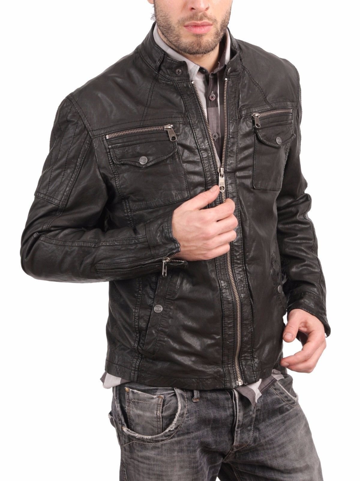 **Men's Distressed Leather Motorcycle Jacket - Stylish Biker Bomber Jacket with Zipper for Riding & Casual Wear - Black Outerwear**