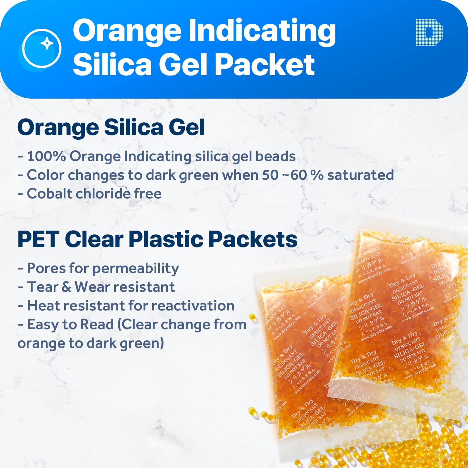 Dry & Dry 20 Gram [30 Packets] Premium Orange Indicating Silica Gel Packets (Orange to Dark Green) - Rechargeable Moisture Absorber Desiccant for Storage, Closets, Safes & Electronics | Ideal for Food Preservation, Gun Safes & Document Protection