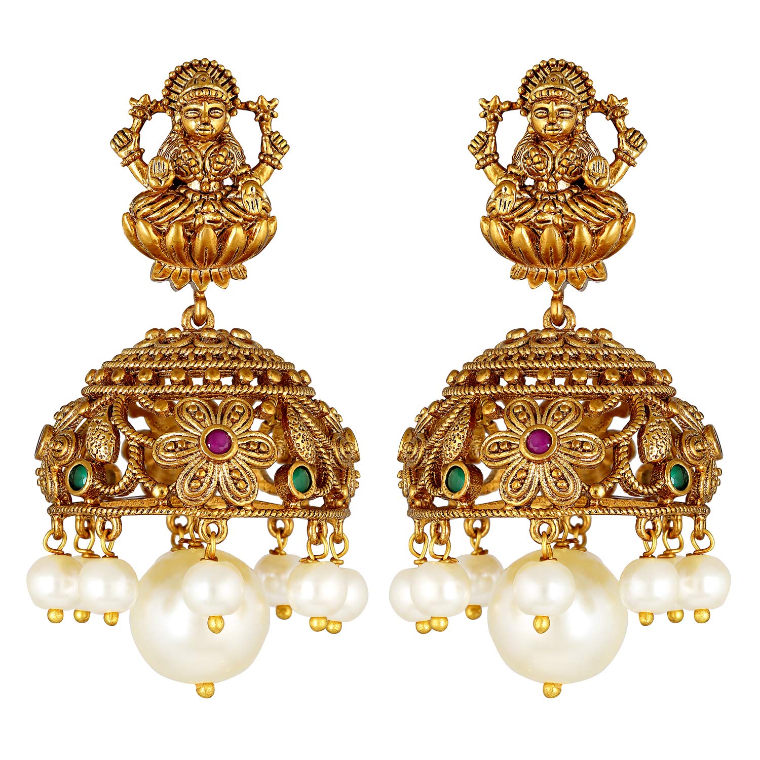 South Indian Traditional CZ Jewelry Set - Designer Necklace & Earrings for Women | Bollywood Ethnic Wedding Jewelry | Goddess Lakshmi Green Bridal Jewelry for Weddings, Parties & Festive Occasions