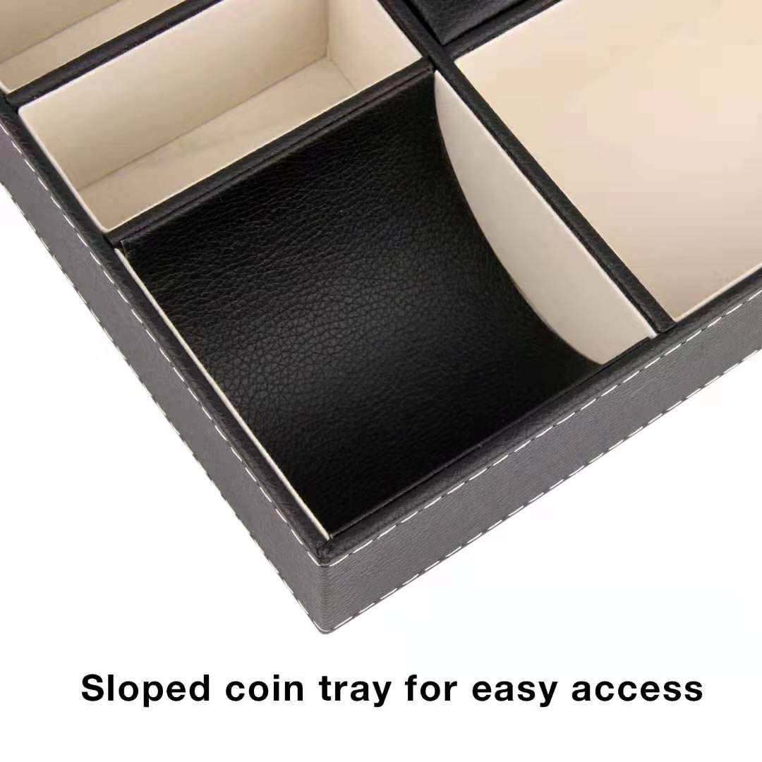 Baoyun Men's Valet Tray Organizer - 5 Compartment Leather Jewelry Box & Nightstand Organizer for Wallet, Phone, Keys - Black - Perfect for Dresser Top, Bedside Table & Home Office Organization