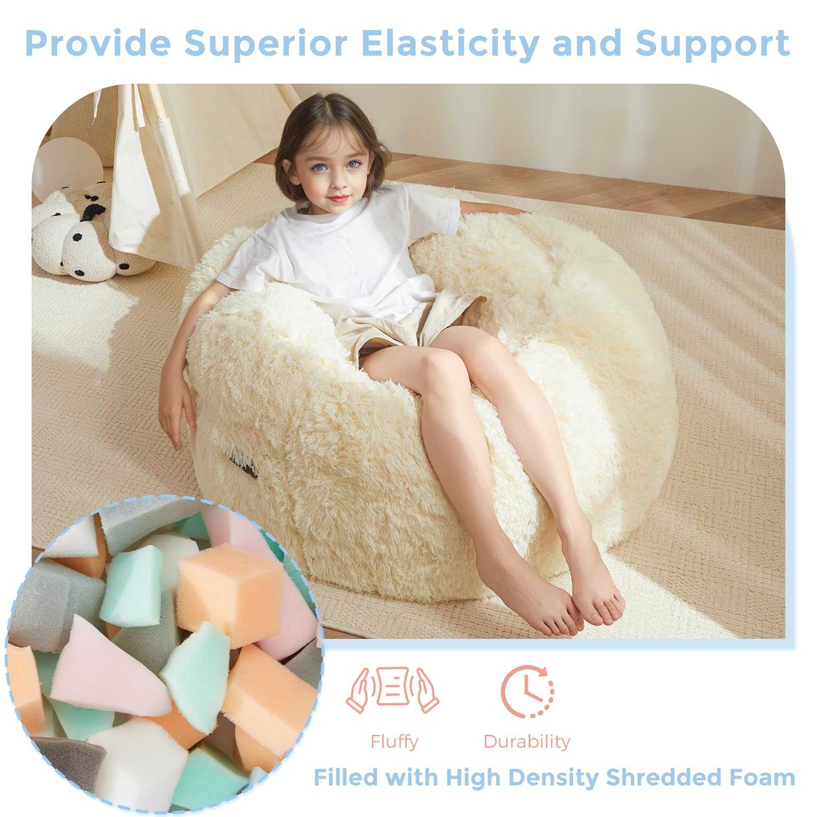 MAXYOYO Kids Bean Bag Chair Bed - Convertible Plush Bean Bag Folding from Chair to Floor Mattress for Boys & Girls, Beige - Perfect for Playroom, Bedroom & Lounge Areas