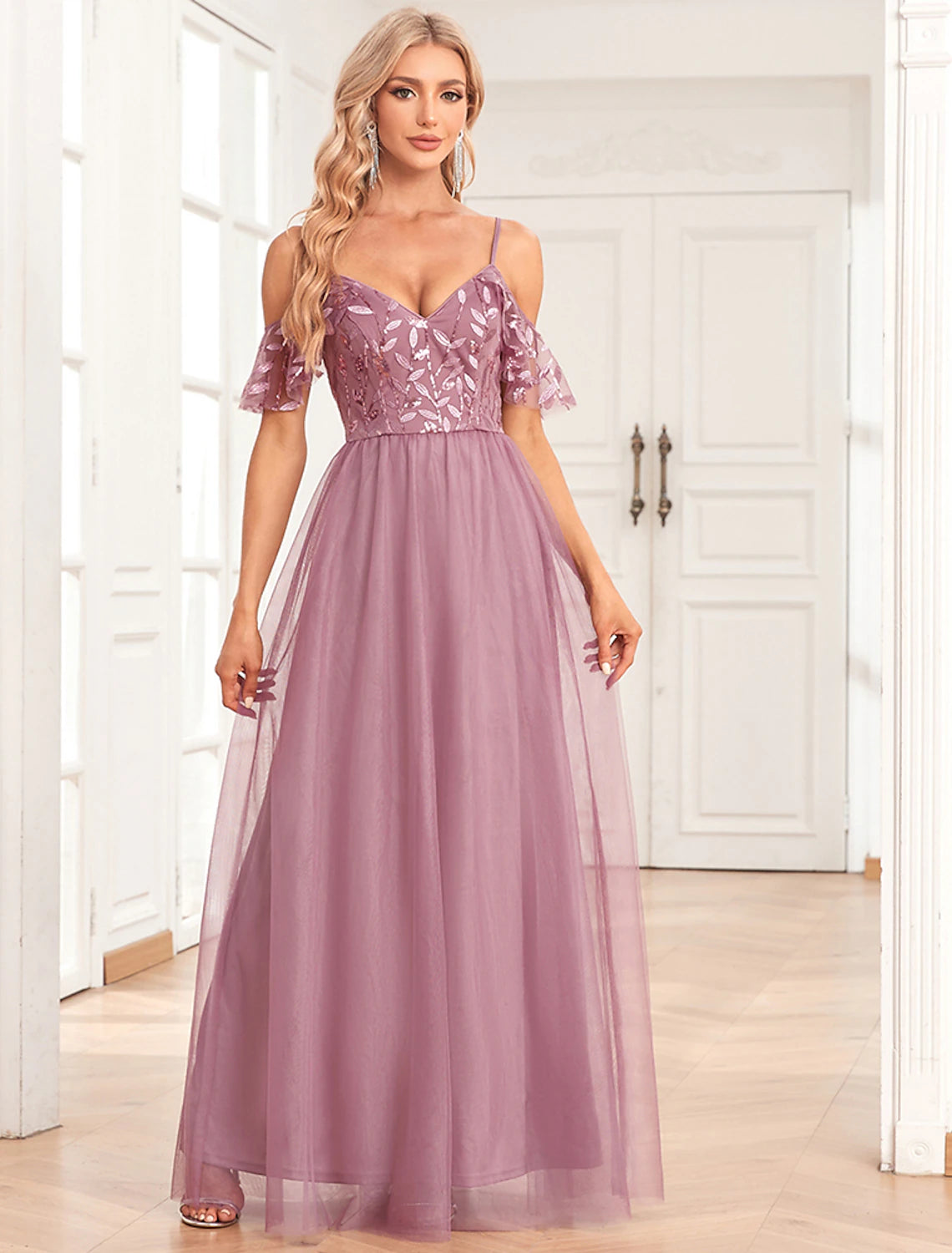 Elegant A-Line Evening Gown - Floor Length Sleeveless Bridesmaid Dress with Tulle V-Back & Sequin Embroidery | Perfect for Formal Parties, Weddings, Prom & Special Occasions