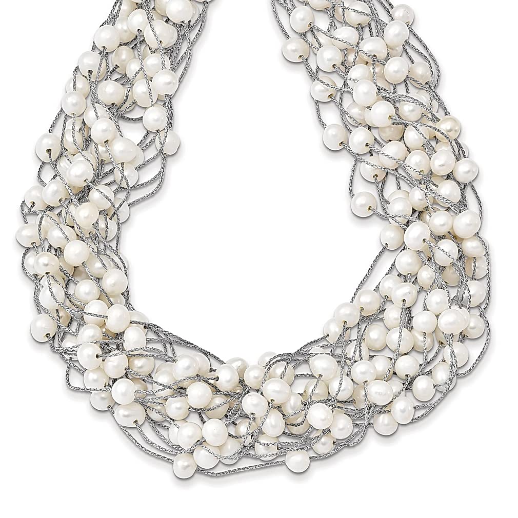 925 Sterling Silver Rhodium Plated 5.5-6.5mm White Freshwater Cultured Pearl Multi-Strand Chain Necklace Pendant Charm - Elegant Fine Jewelry for Women, Perfect Gift for Her, Birthday, Anniversary, Wedding & Special Occasions