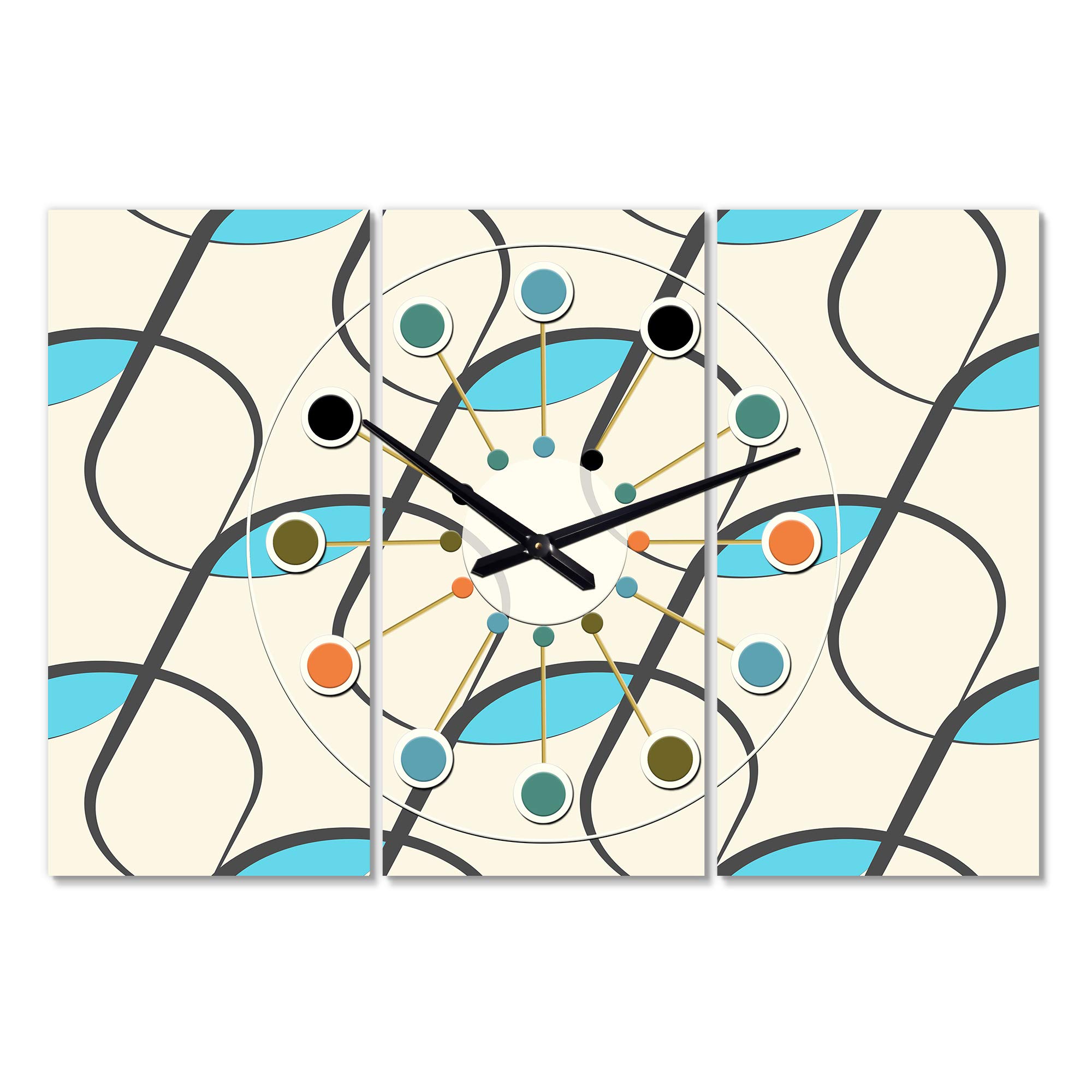 Designart 'Retro Geometric Abstract Minimalist Pattern I' Oversized Mid-Century Modern 3-Panel Wall Clock - Perfect for Living Room, Office & Retro Home Decor