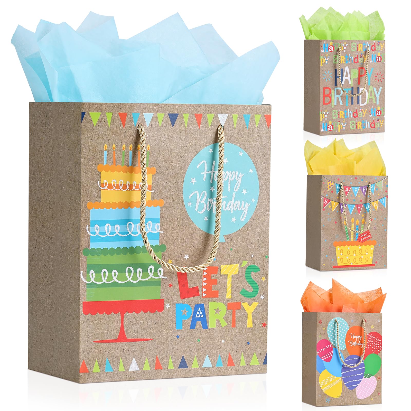 4 Pack Birthday Gift Bags for Kids, Women & Girls - Premium Paper Gift Bags with Handles for Bridesmaid, Valentine's Day, Wedding & Party Favors | Perfect for Birthday Celebrations, Baby Showers & Special Events