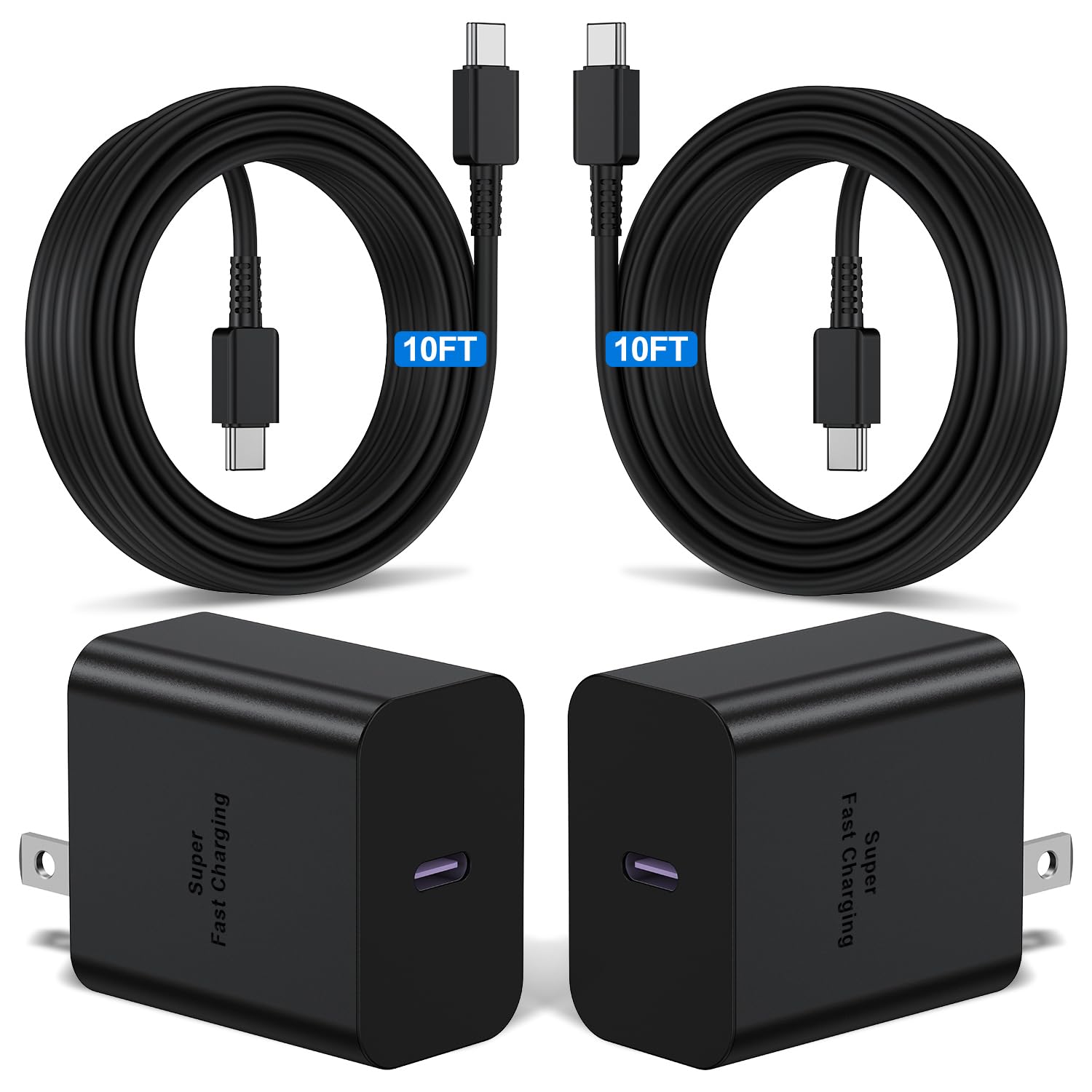 2-Pack 45W Super Fast USB-C Wall Charger with 10ft Long Cable - Compatible with Samsung Galaxy S24 Ultra/S24+/S23 Ultra/S22 Ultra/S21/Note 20 & More - Fast Charging for Home, Office & Travel