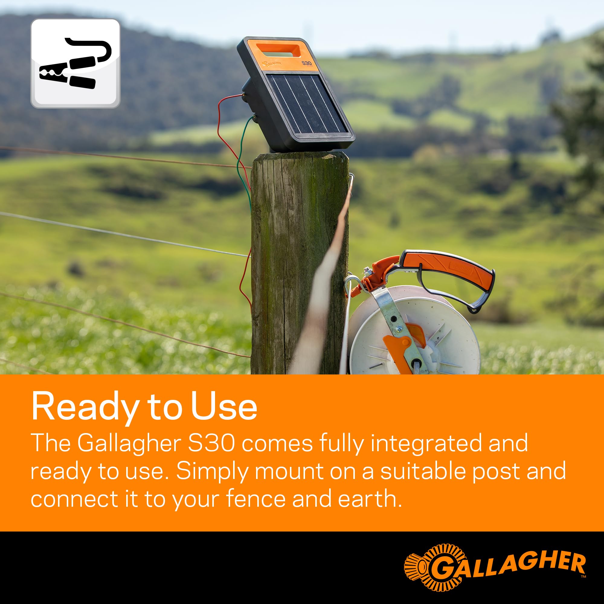 Gallagher S30 Solar Electric Fence Charger with Lithium Battery - 20 Mile/60 Acre Coverage | Weatherproof Solar Powered Energizer for Livestock & Farm Security | Portable Electric Fence Controller for Cattle, Horses & Wildlife Protection | Ideal for Pastures, Ranches & Agricultural Use