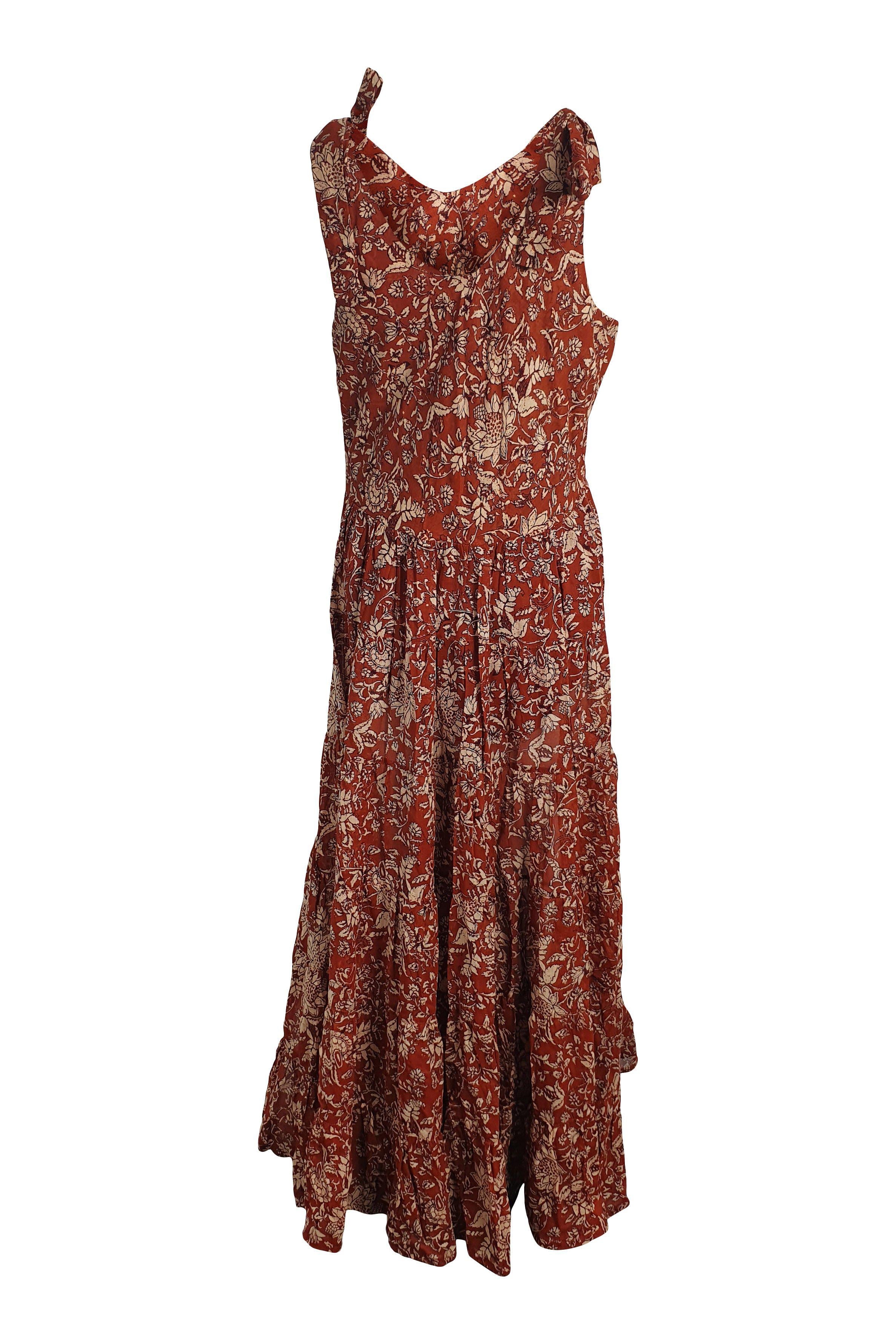 FREE PEOPLE 100% Cotton Brown Floral Print Maxi Dress for Women - Boho Chic Summer Beach Dress, Casual Sundress for Vacations & Outdoor Parties (Size M)