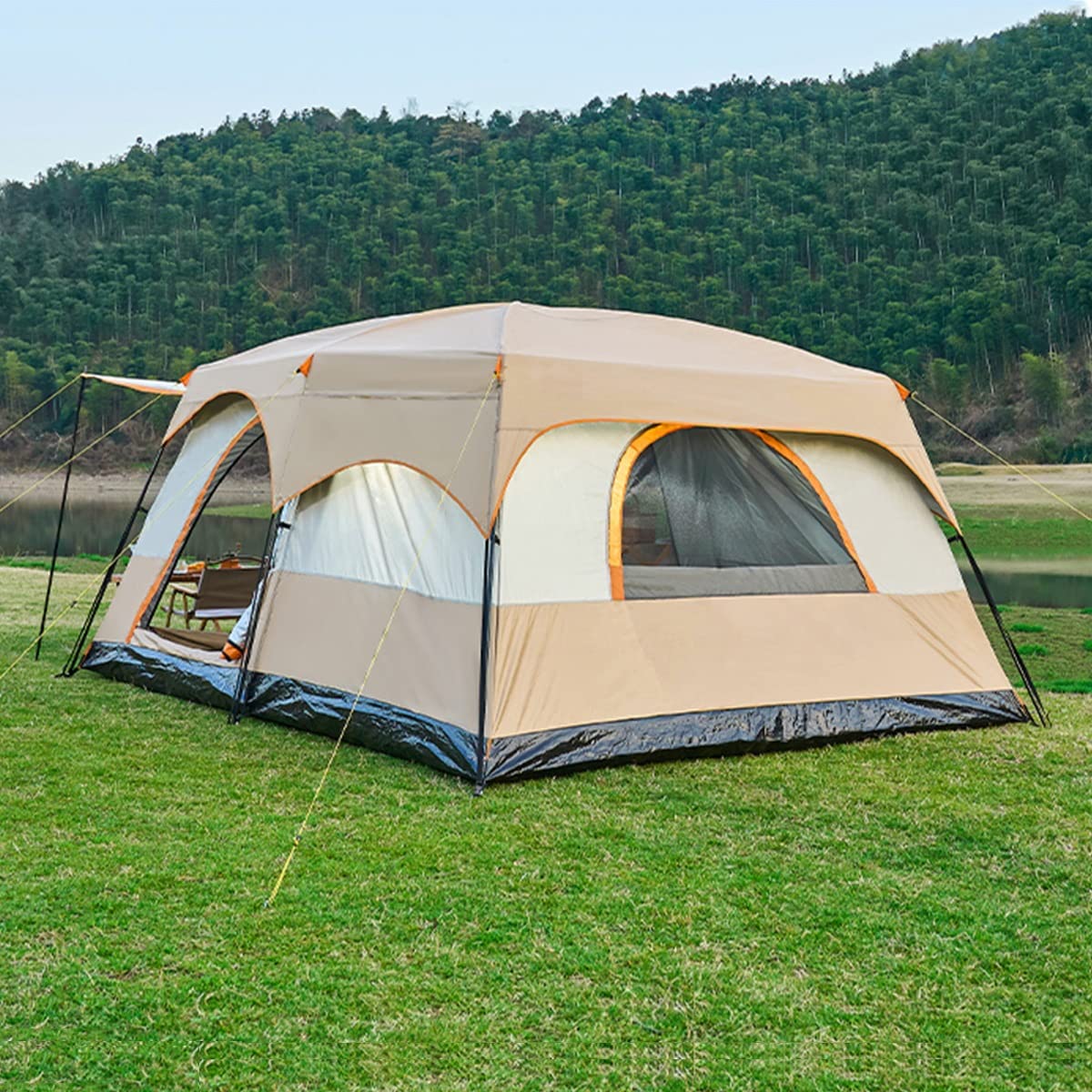 Large Family Camping Tent - Waterproof Double Layer with Mesh Windows & Sturdy Steel Poles - Perfect for Hiking, Outdoor Parties & Sun Protection - Spacious Multi-Person Shelter for Backpacking, Beach Trips & Festivals