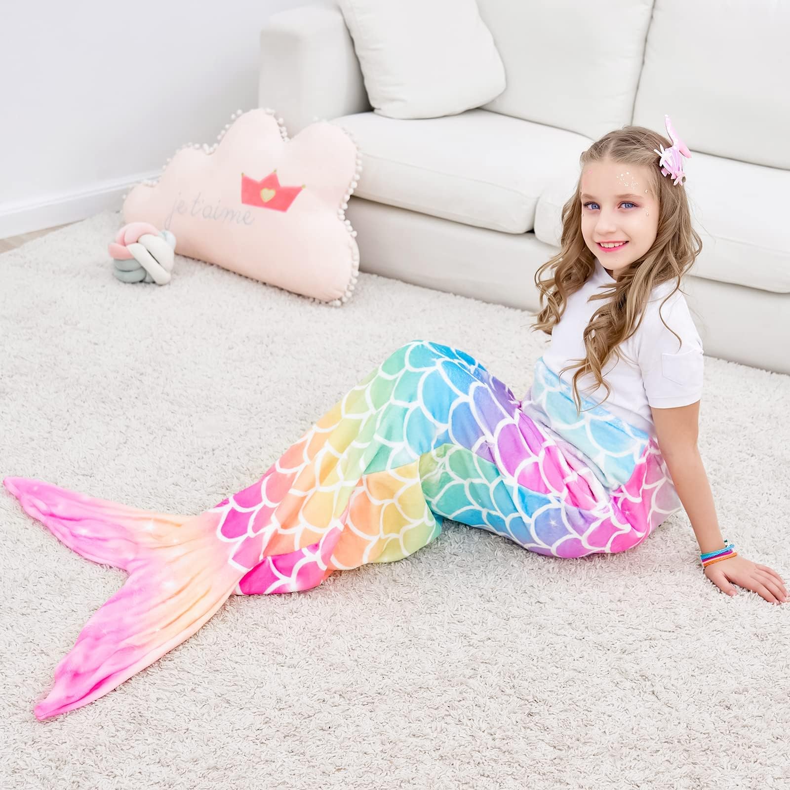 WERNNSAI Mermaid Tail Blanket for Girls & Teens - Soft Flannel Wearable Blanket, Cozy Sleeping Bag with Mermaid Scales, 55