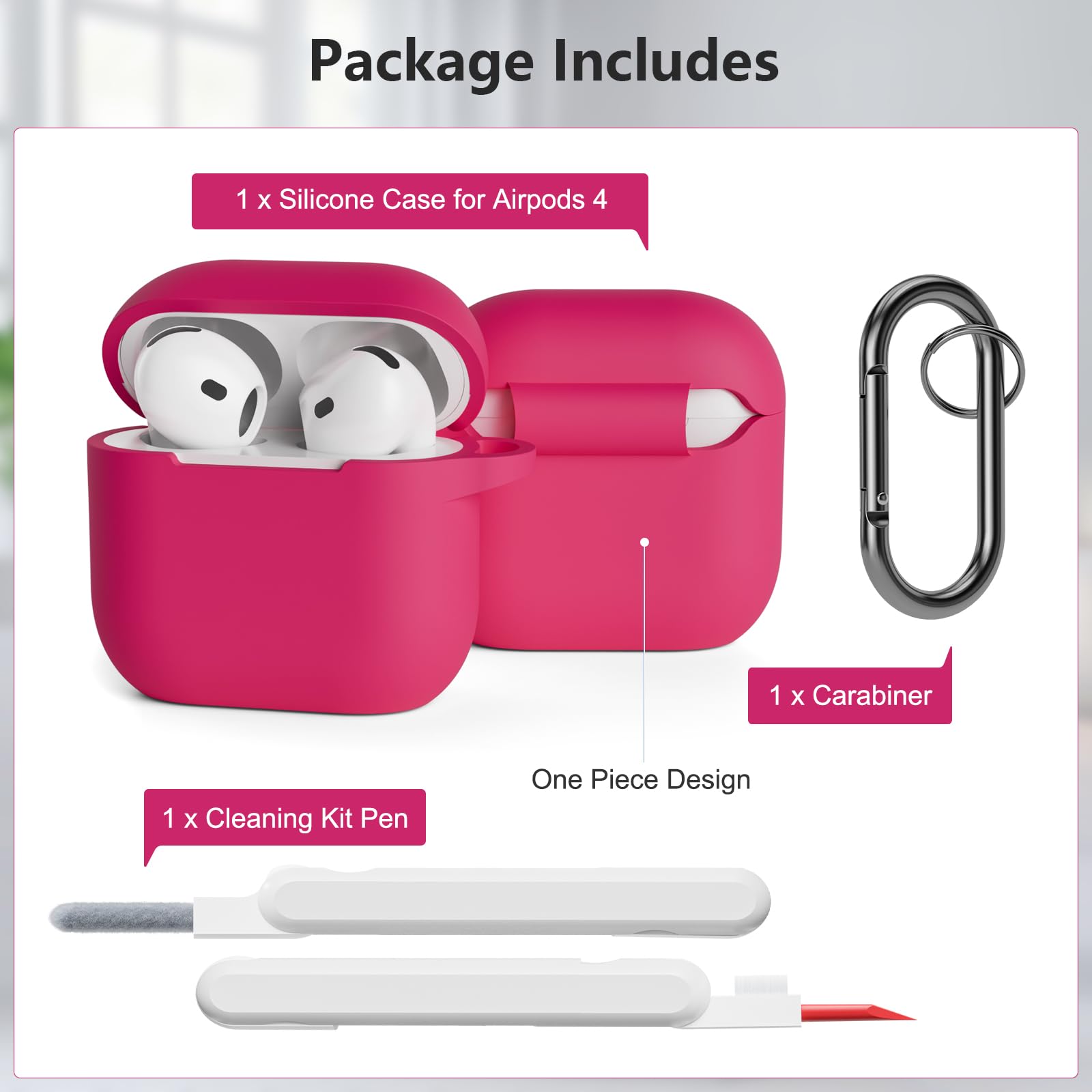 KOKOKA AirPods 4th Generation Case (2024) with Cleaning Kit - Silicone Protective Cover, Carabiner Clip & LED Indicator - Watermelon Red | Perfect for Gym, Travel & Everyday Use