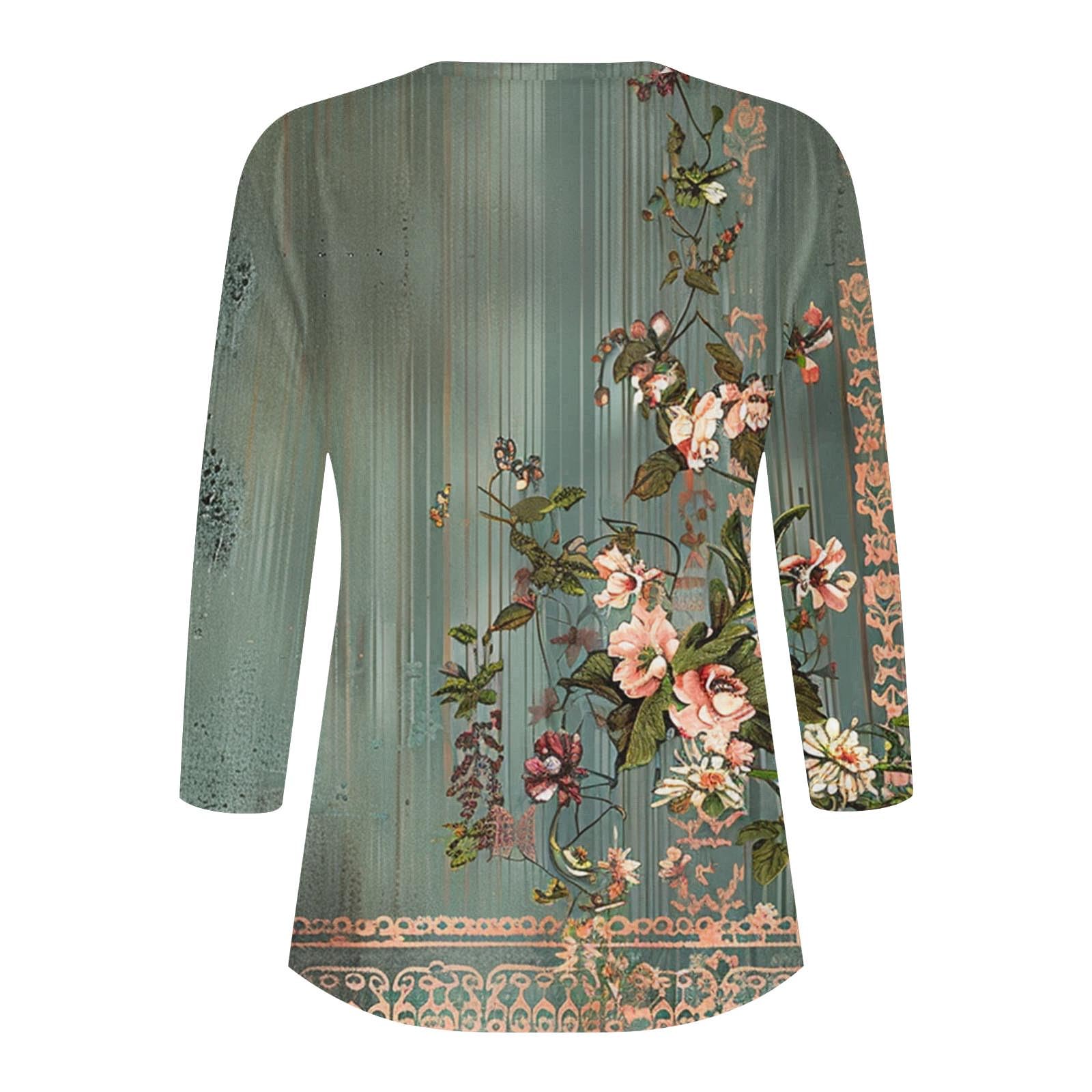 Women's 3/4 Sleeve V-Neck T-Shirt - Summer Vacation Floral Print Henley Blouse with Button Details | Trendy & Comfortable Casual Top for Beach Outings, Travel & Everyday Wear