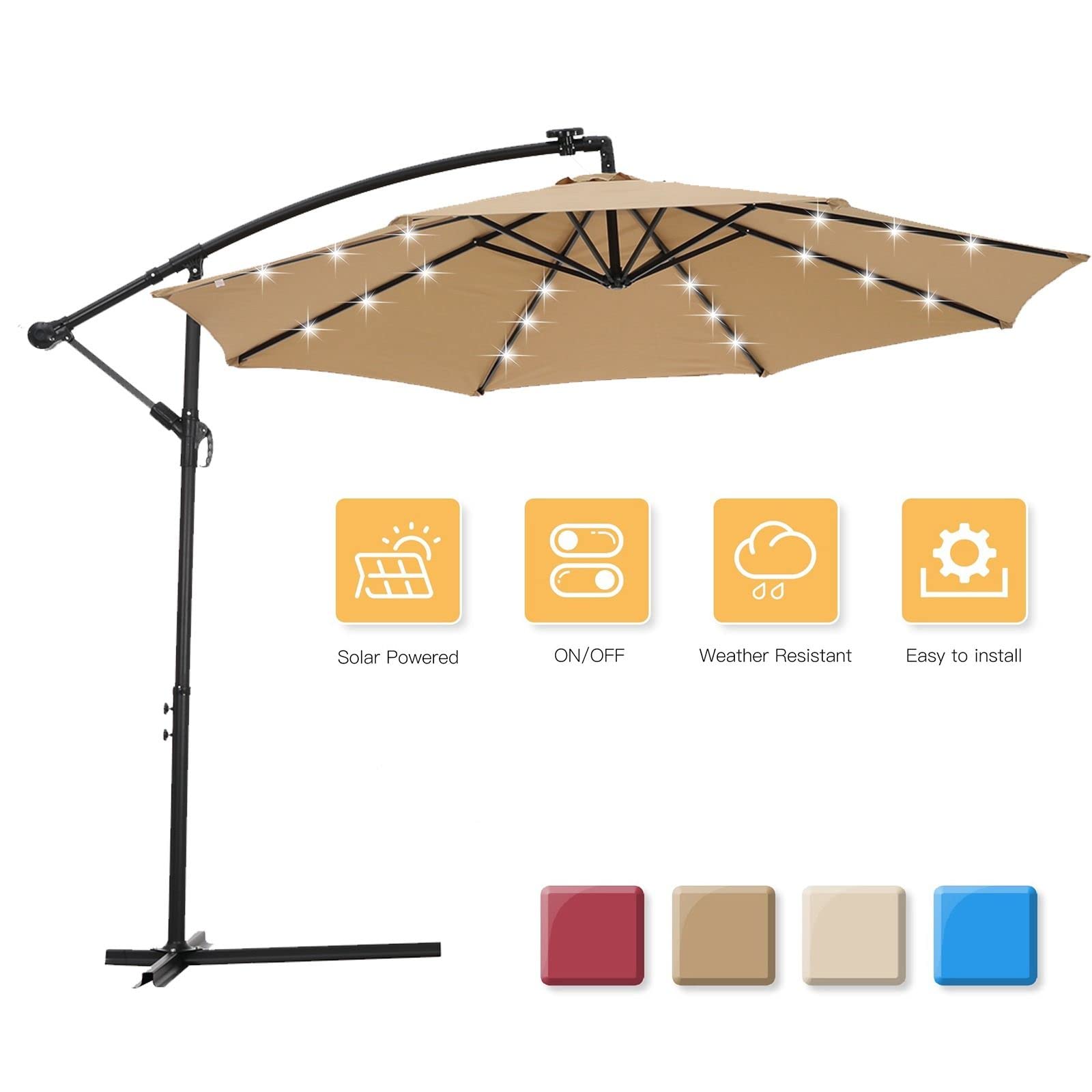 10 FT Solar LED Cantilever Patio Umbrella with Steel Cross Base - Outdoor Hanging 8 Ribs Sun Shade for Backyard, Deck, Poolside - Perfect for Lounging, Dining & Outdoor Entertaining