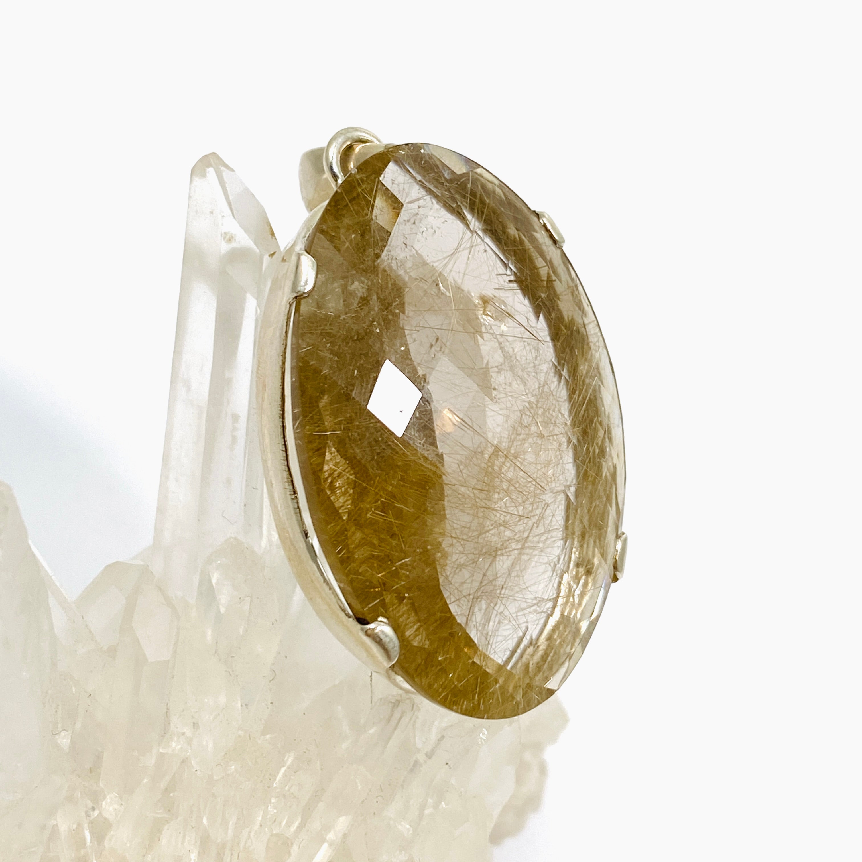 Golden Rutile Quartz Oval Checkerboard Faceted Pendant Necklace - Natural Gemstone Jewelry for Women - Perfect for Gifts, Weddings & Special Occasions