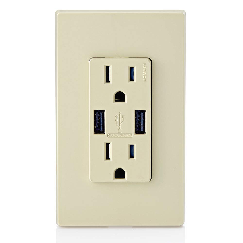 Leviton T5632-I 15A Tamper-Resistant Outlet with Dual USB Charger Ports - Ivory Wall Plate for Smartphones & Tablets - Perfect for Bedrooms, Kitchens & Home Offices
