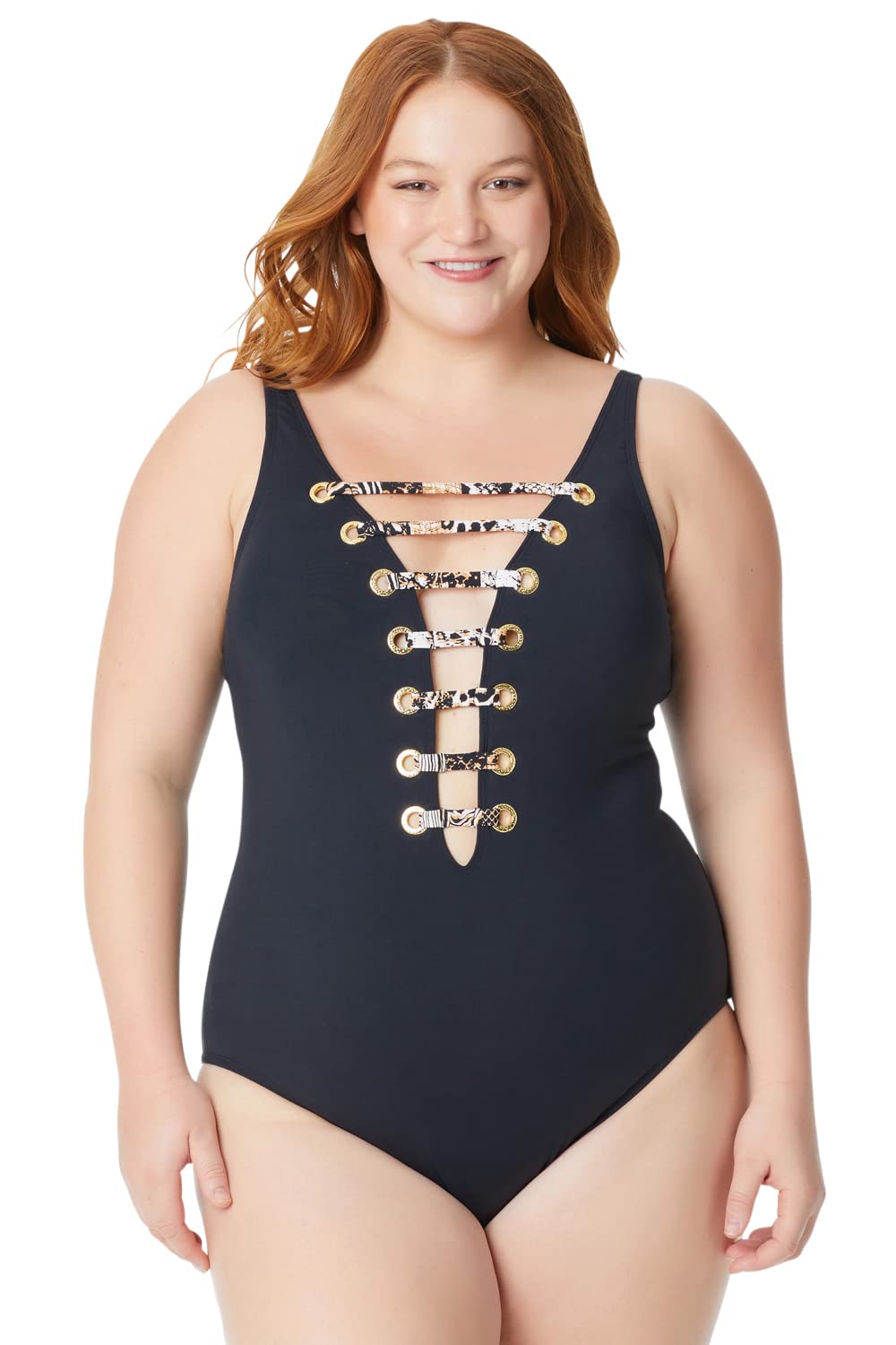 Bleu Rod Beattie Women's Plus Size R22207X Ring Me Up Plunge One Piece Swimsuit - Black & Rose Red - Sizes 16W, 18W, 22W | Sexy Swimwear for Beach, Pool & Vacation