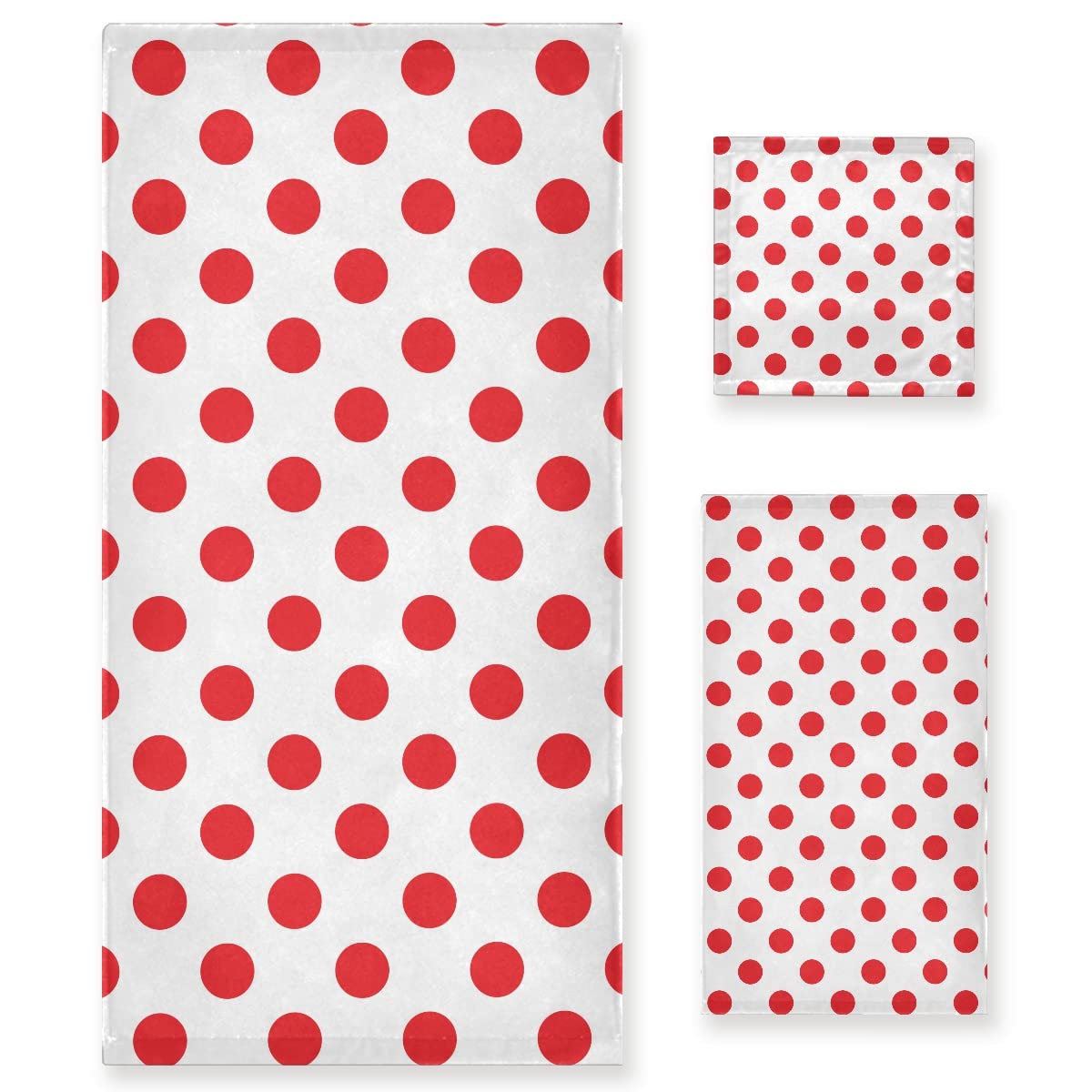 DOMIKING 3-Piece Polka Dot Red White Bath Towel Set - Super Absorbent, 100% Cotton Hand Towels, Face Washcloths & Extra Large Hair Towel for Bathroom, Gym, Beach, Spa & Home Decor
