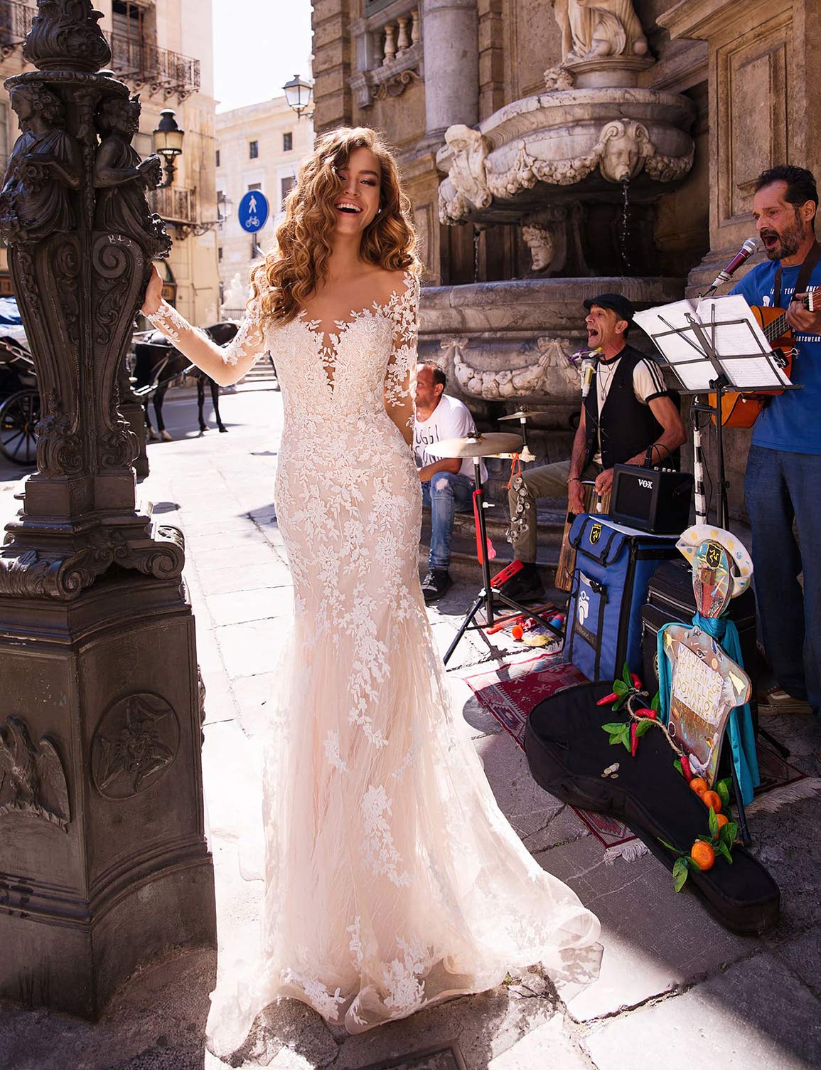 Elegant Long Sleeve Mermaid Lace Wedding Dress for Civil Ceremony - Champagne Beach Bridal Gown for Women Plus Size 16 | Perfect for Beach Weddings, Garden Nuptials & Romantic Outdoor Ceremonies