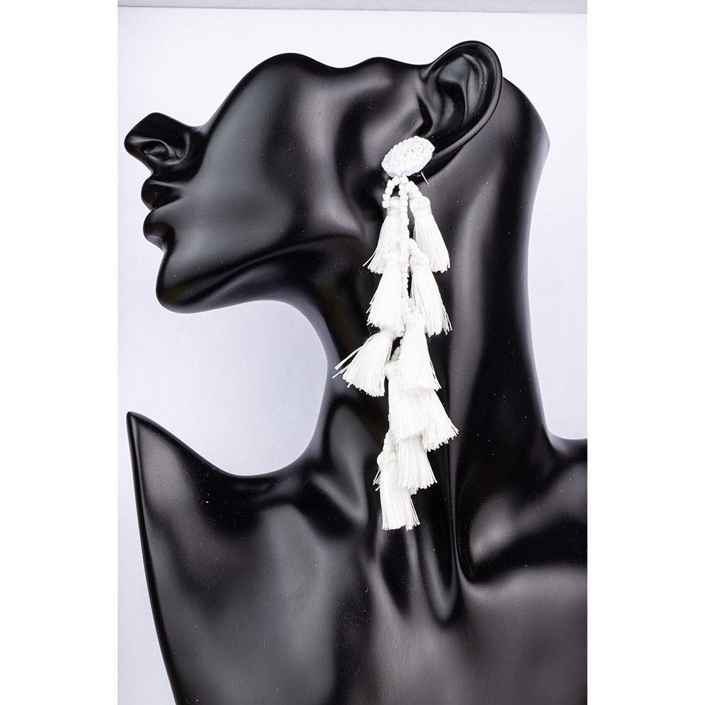 Treeable Long Tassel Earrings for Women - Large Boho Statement Fringe Chandelier Dangle Earrings, Big Bohemian Drop Earrings for Party & Daily Wear (Long White Tassel Fringe Earrings) | Perfect for Festivals, Weddings, and Boho Fashion Outfits