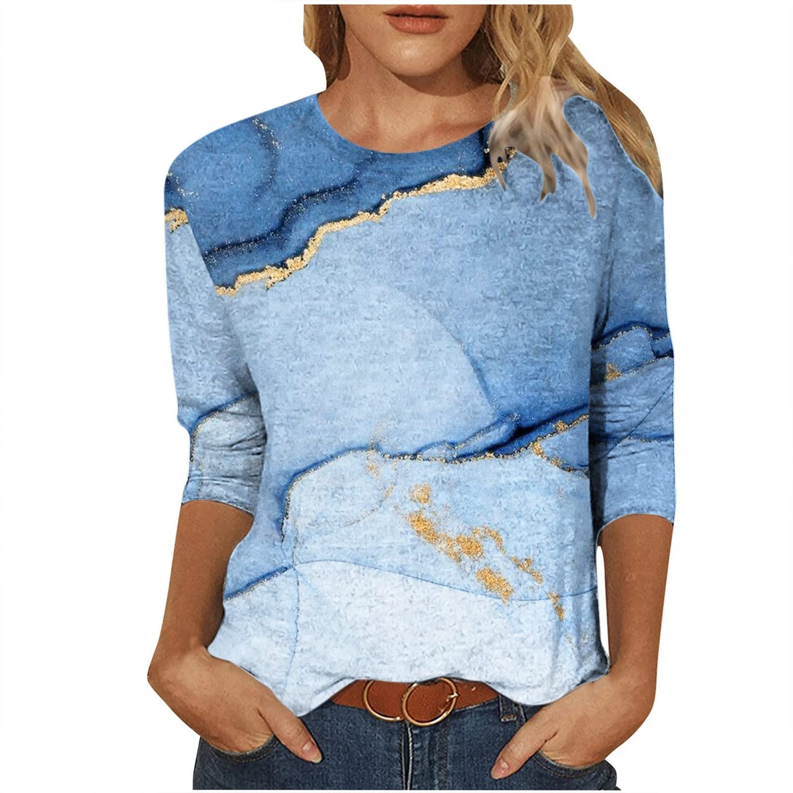 Women's 3/4 Sleeve Marble Print Blouse - Casual Loose Fit Lightweight T-Shirt Top for Women | Perfect for Office, Date Night & Weekend Outings