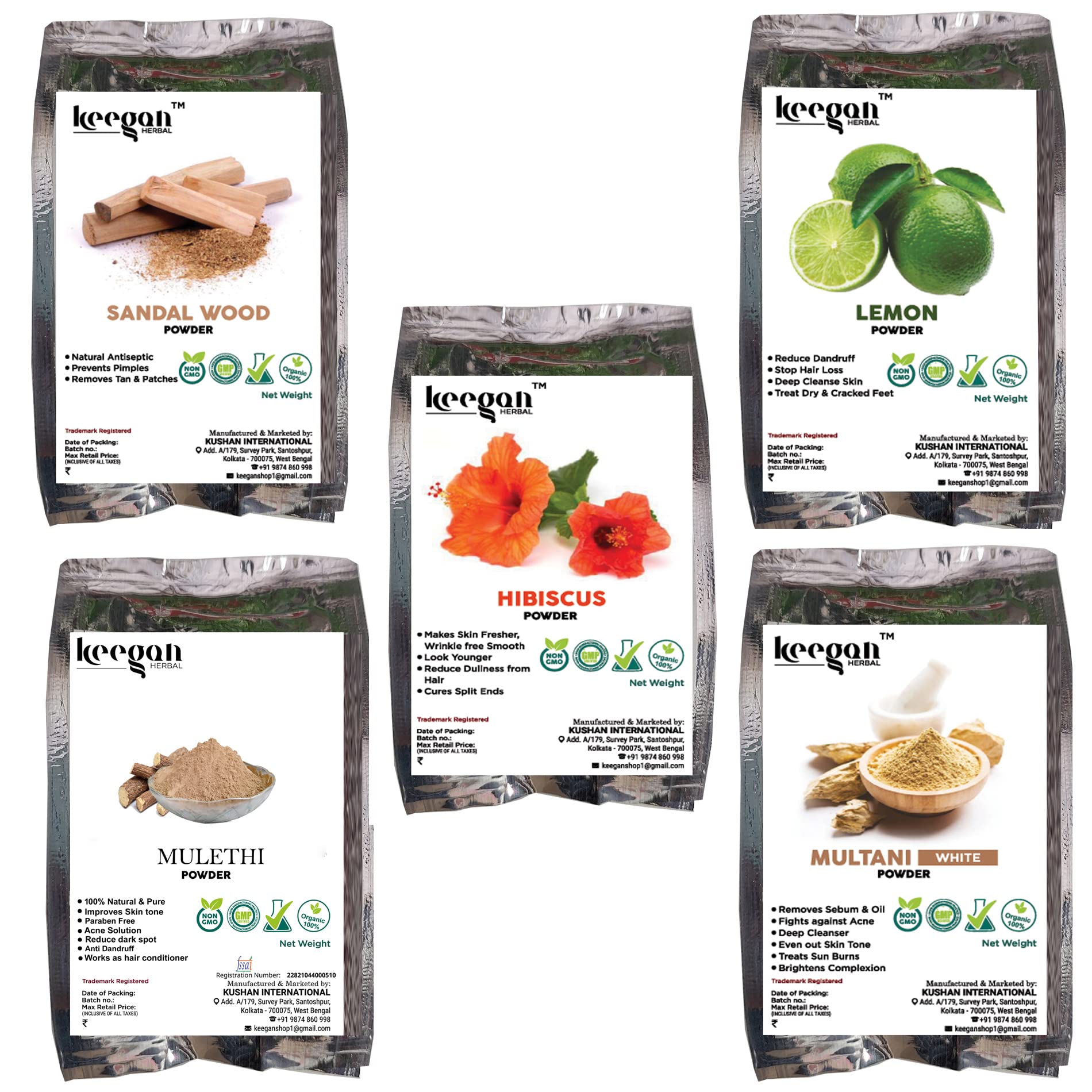 **Keegan 100% Natural Sandalwood Powder, Lemon Peel Powder, Hibiscus Powder, Mulethi Powder & Multani Mitti Powder for Face & Skin Care (40g Each) – Organic Beauty Solutions for Glowing Skin, Acne Treatment & DIY Face Masks**